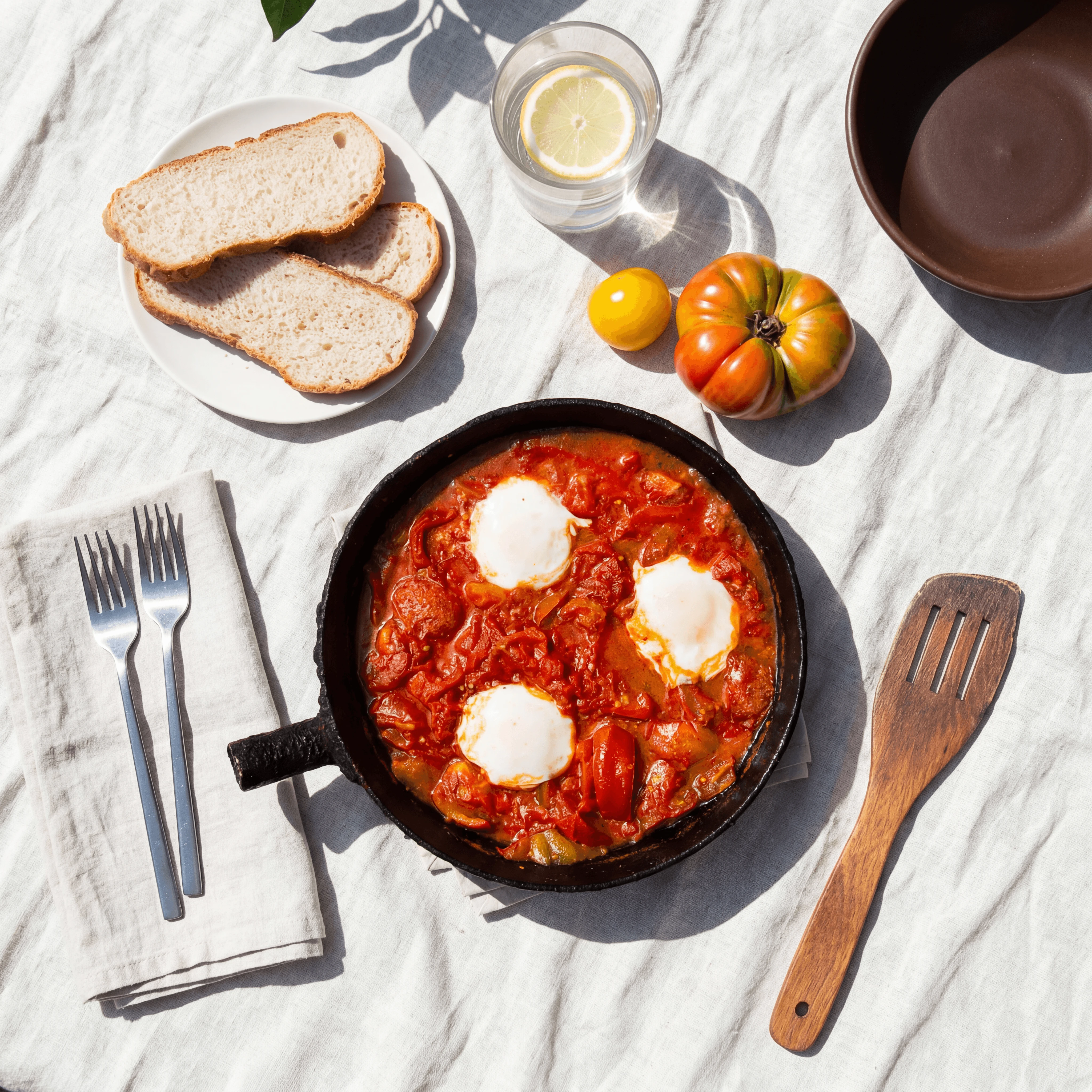 Turkish shakshuka with whipped labneh in copper skillet — hotel breakfast buffet food photography