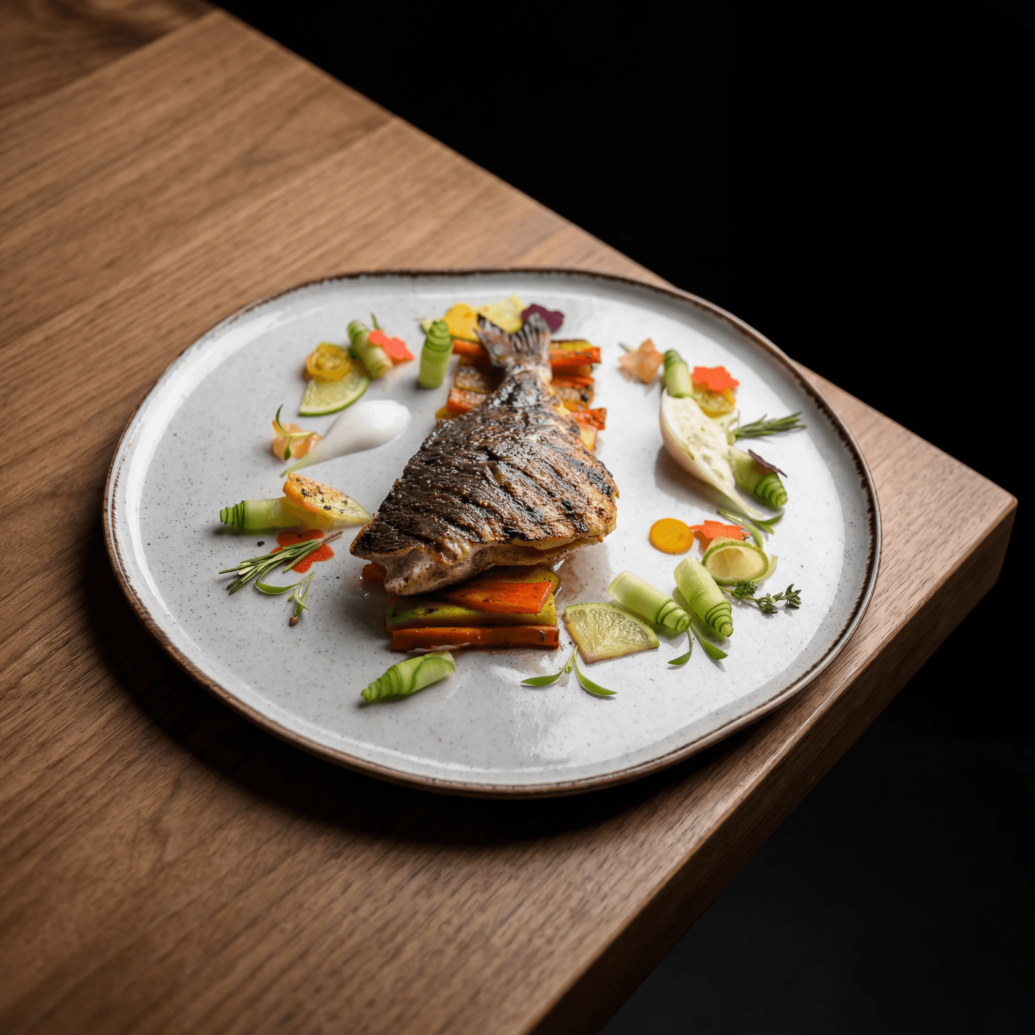 Pan-seared barramundi with native pepperberry jus — resort signature restaurant food photography