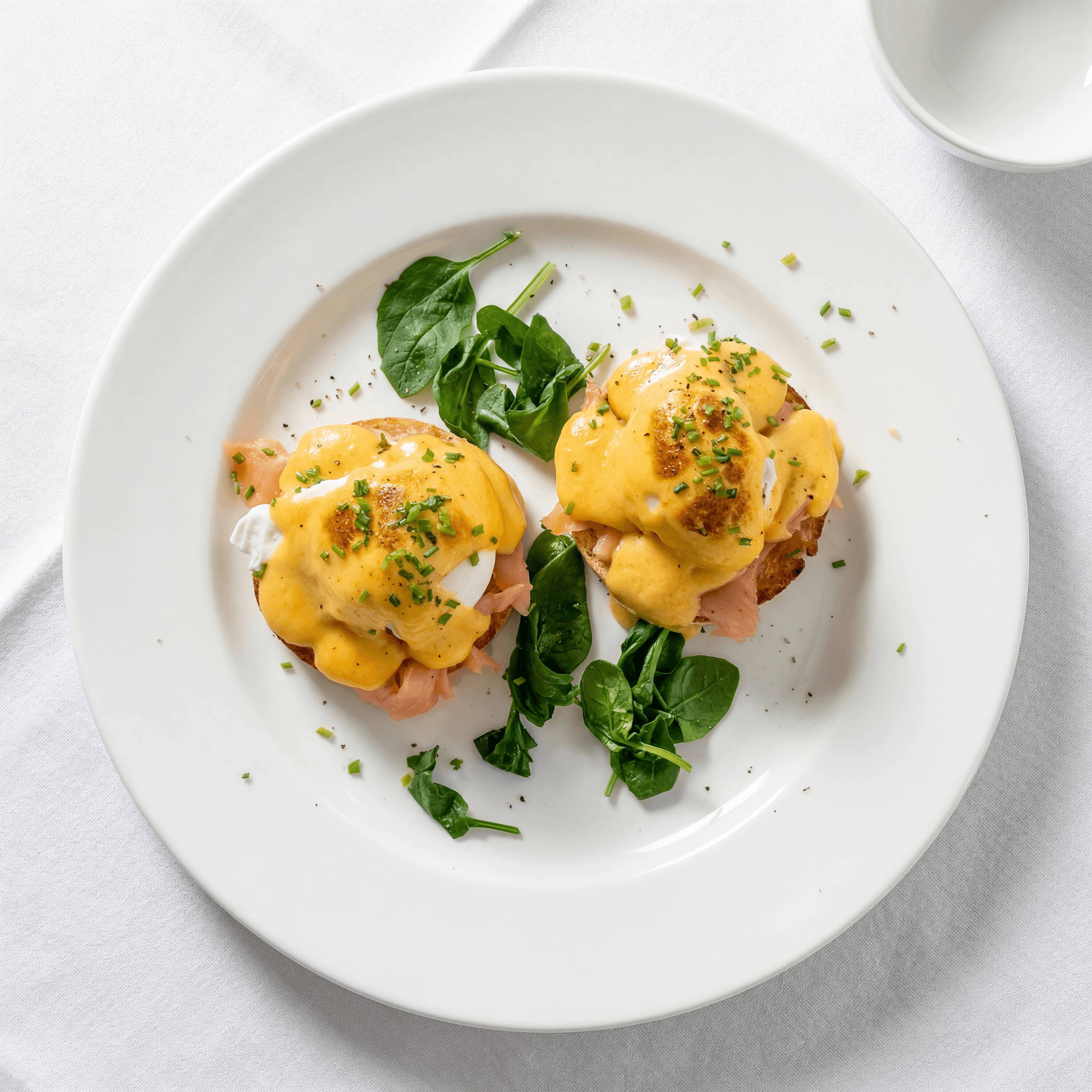 Lobster eggs Benedict with champagne hollandaise on silver room service tray — luxury hotel in-room dining photography