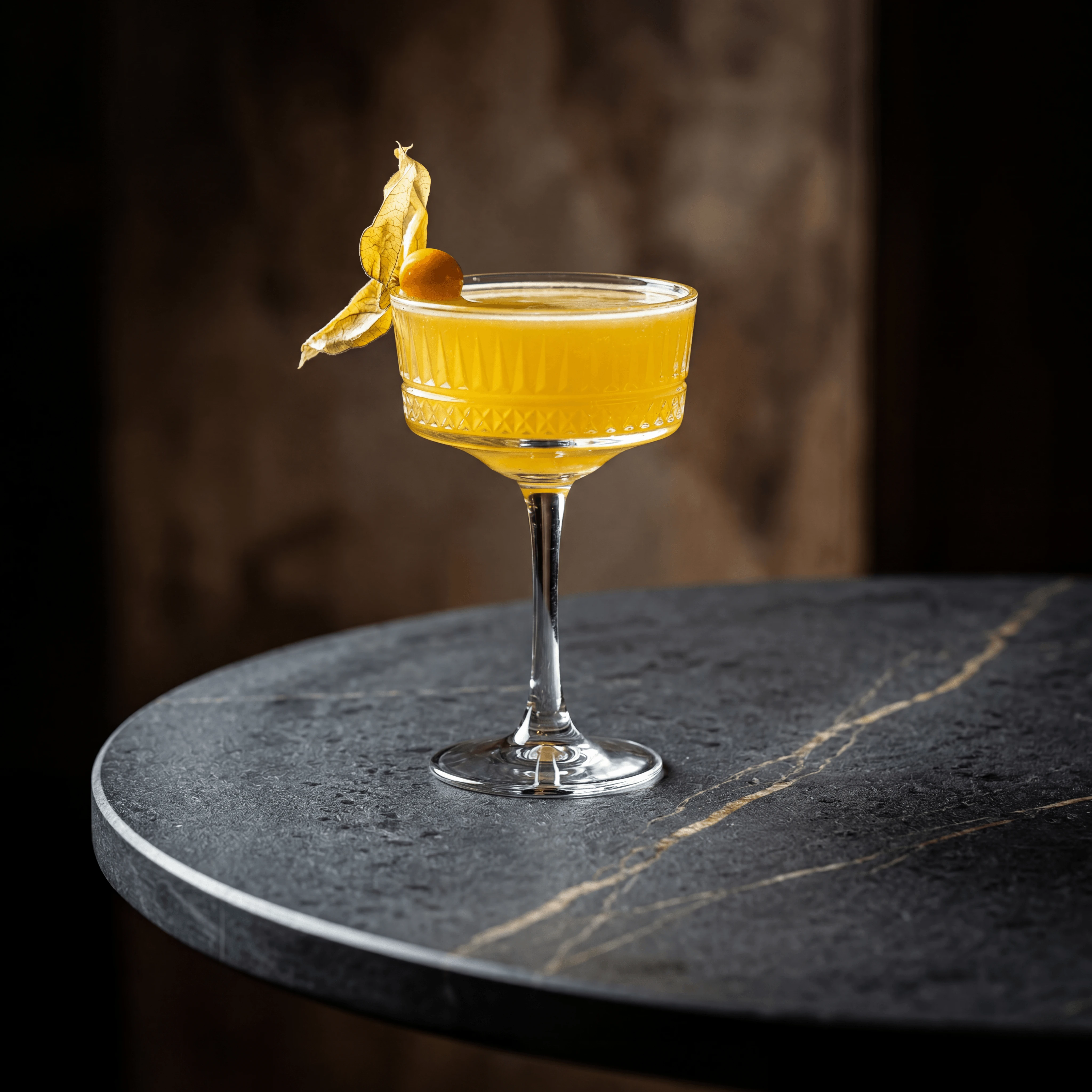 Passion fruit rum punch with orchid garnish in frosted glass — resort pool bar cocktail photography