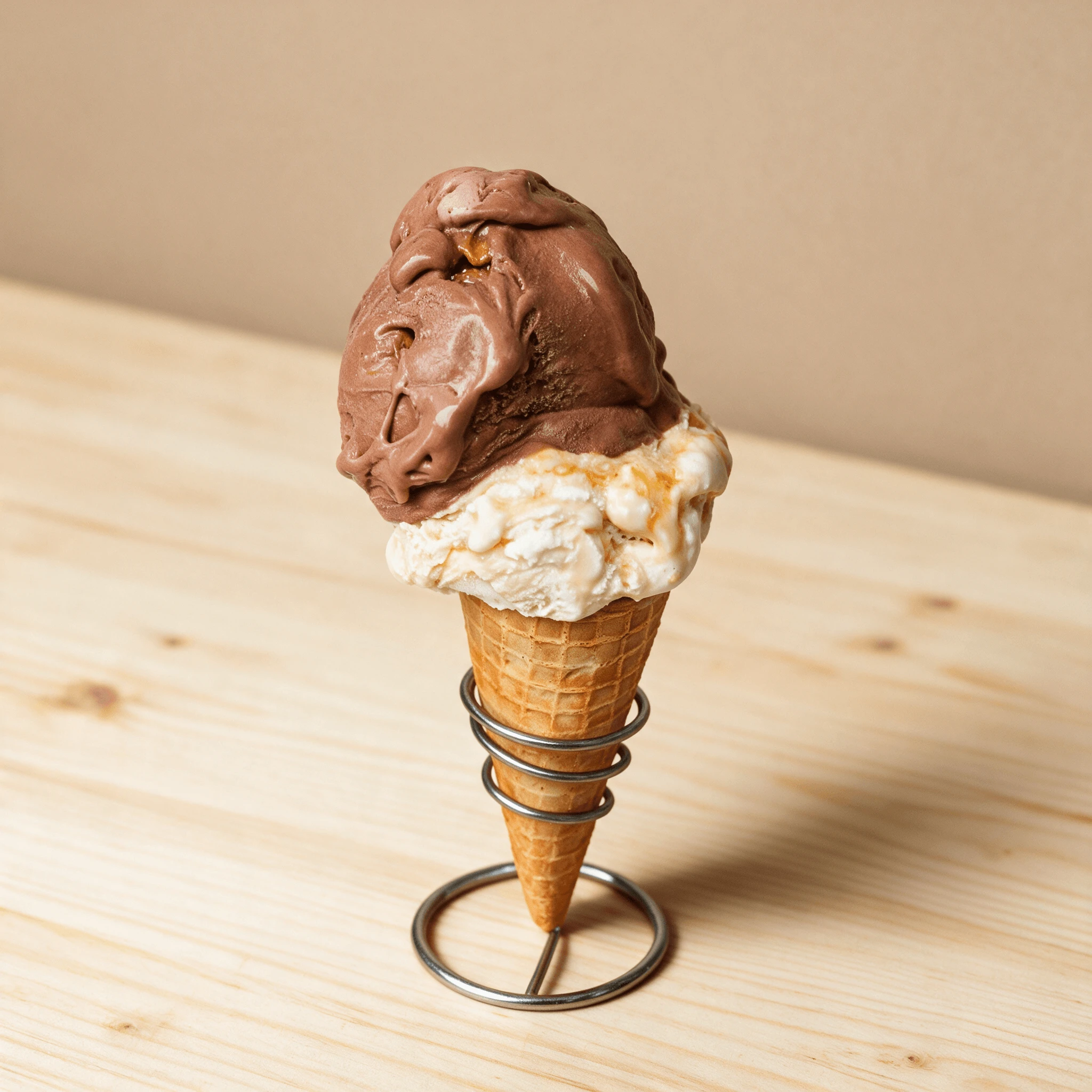Two scoop waffle cone with chocolate and vanilla caramel ice cream standing in a wire cone holder on a pale wood counter