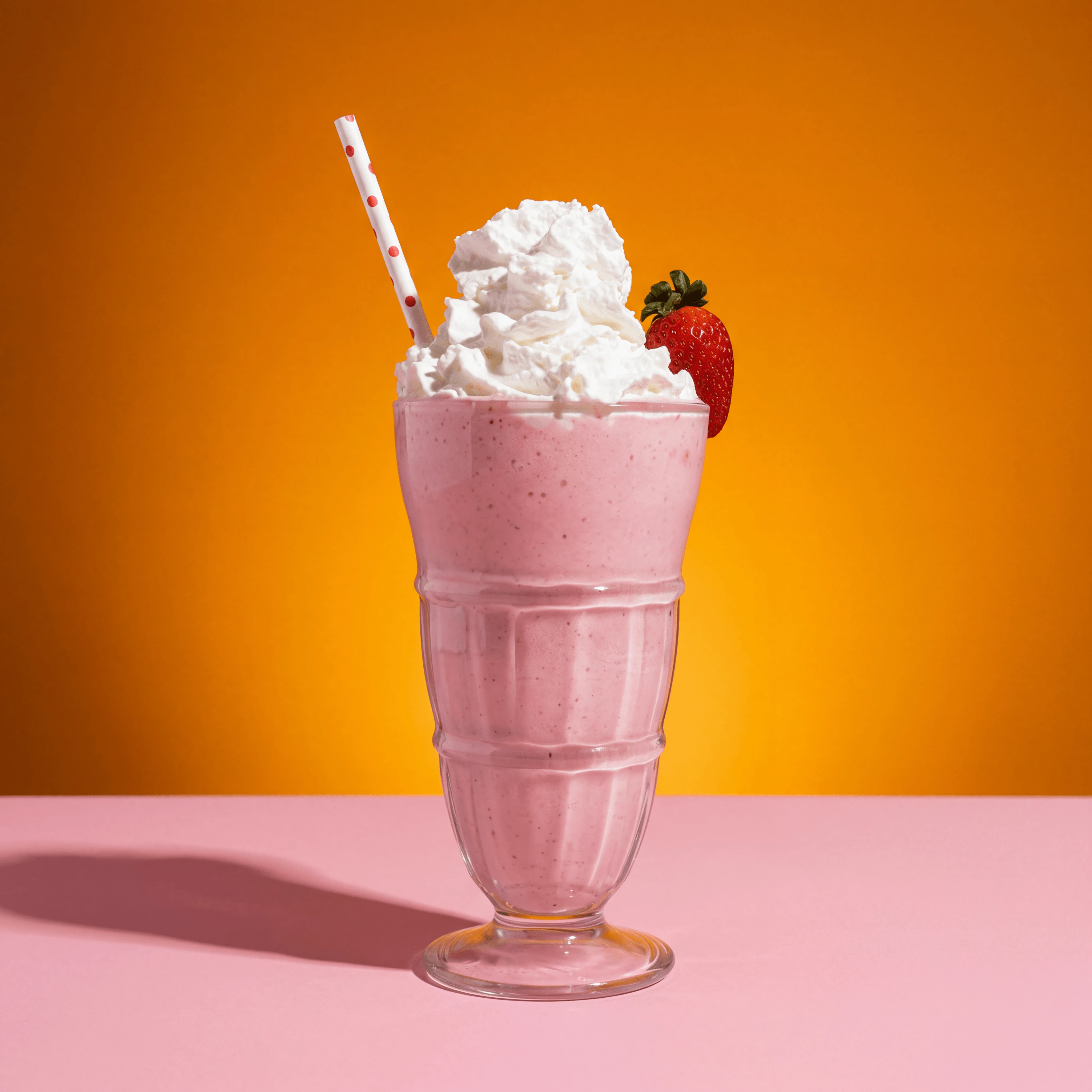 Strawberry milkshake tall glass whipped cream cherry — milkshake float scoop shop card photography