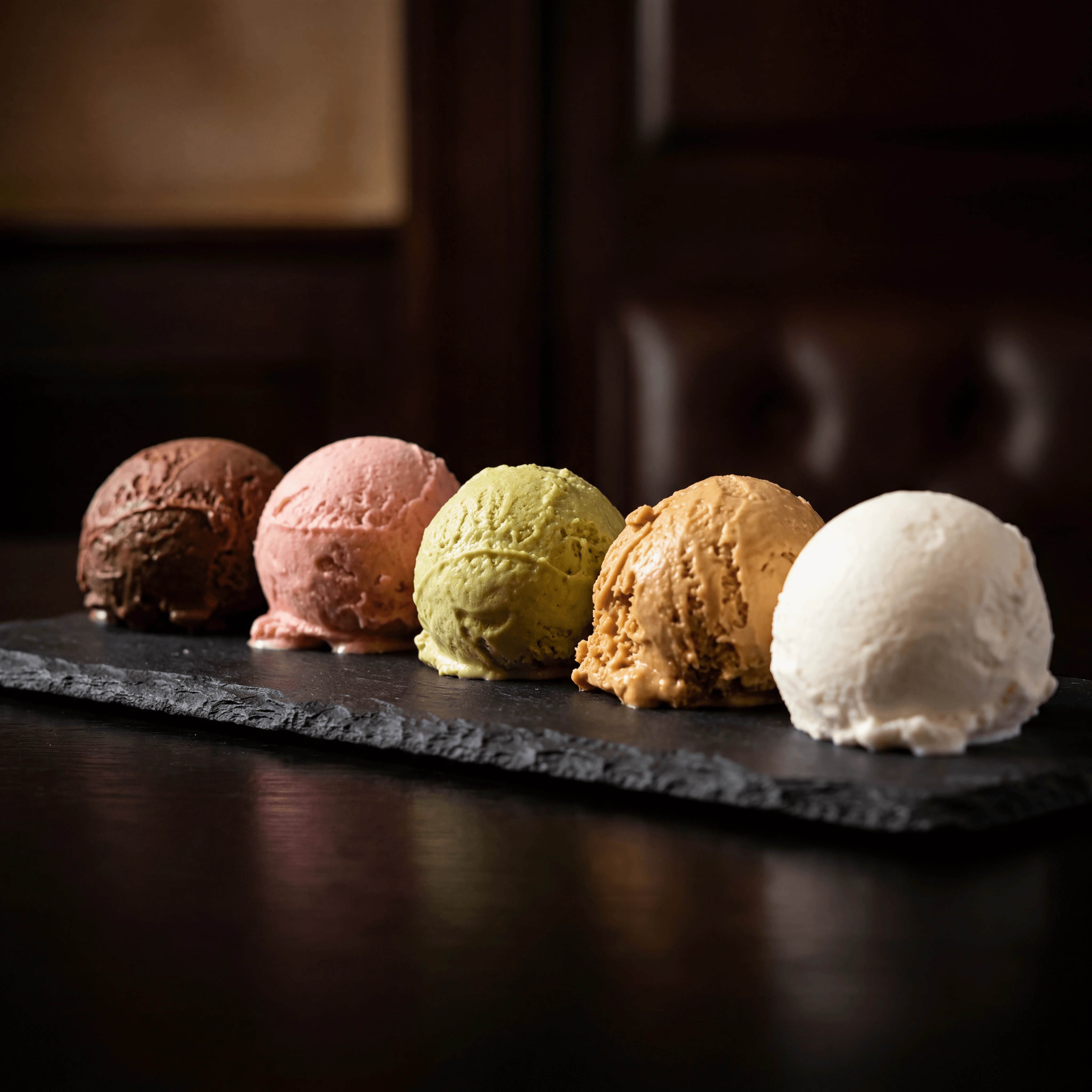 Five scoop ice cream tasting flight slate board sampler — flight assortment scoop shop card photography