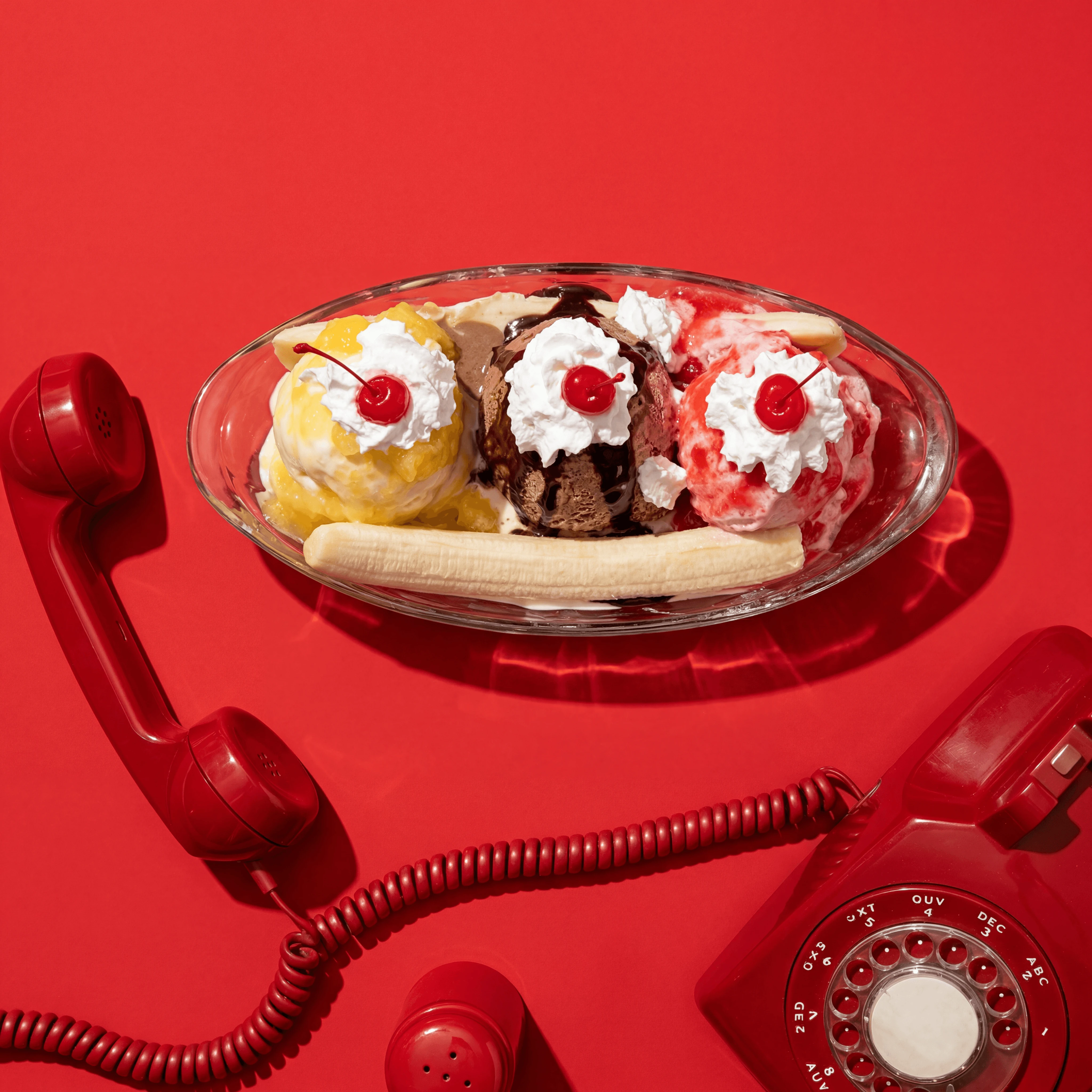 Classic banana split three-scoop Neapolitan boat strawberry pineapple chocolate sauce — retro diner hero