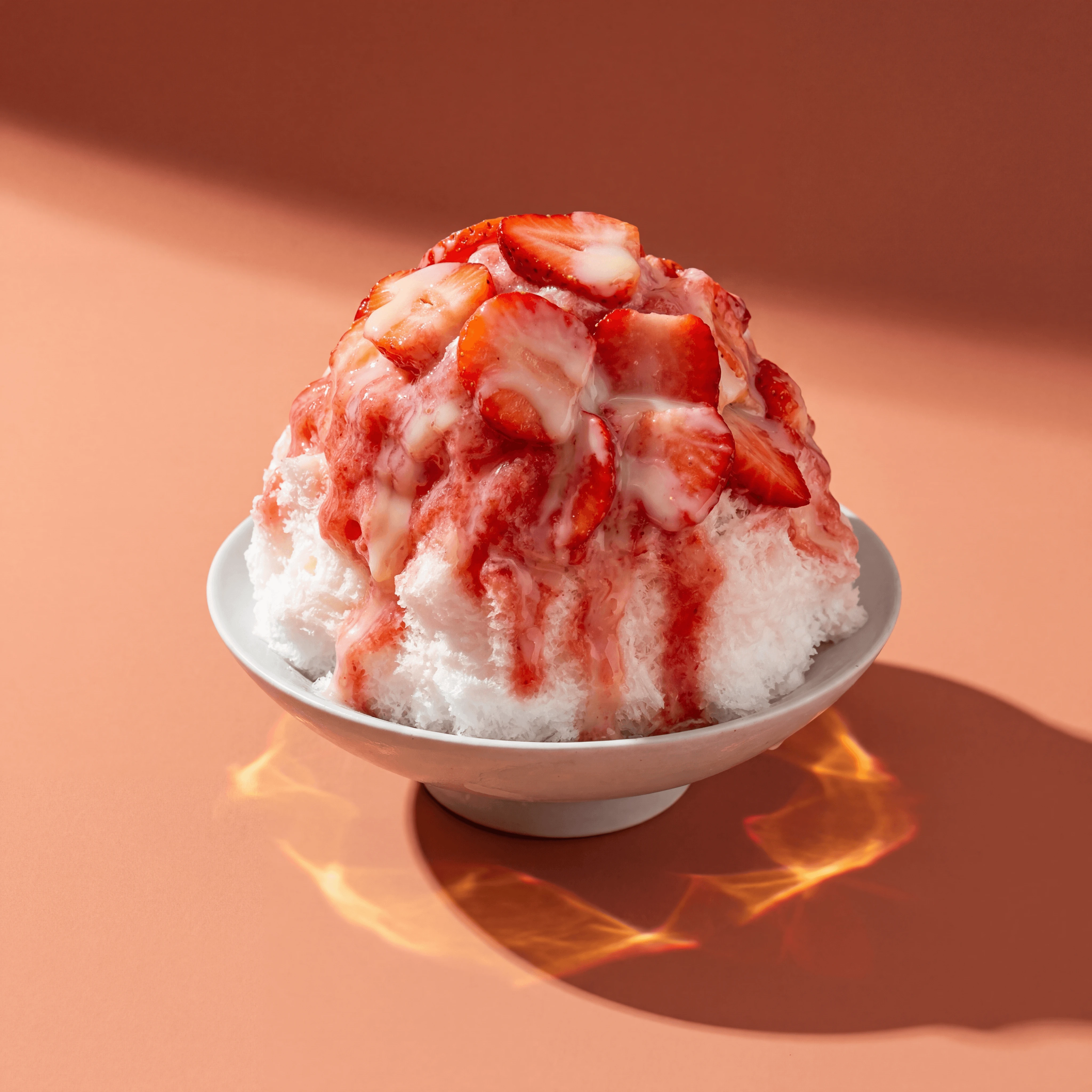 Strawberry kakigori Japanese shaved ice with condensed milk red syrup — hero summer dessert photography