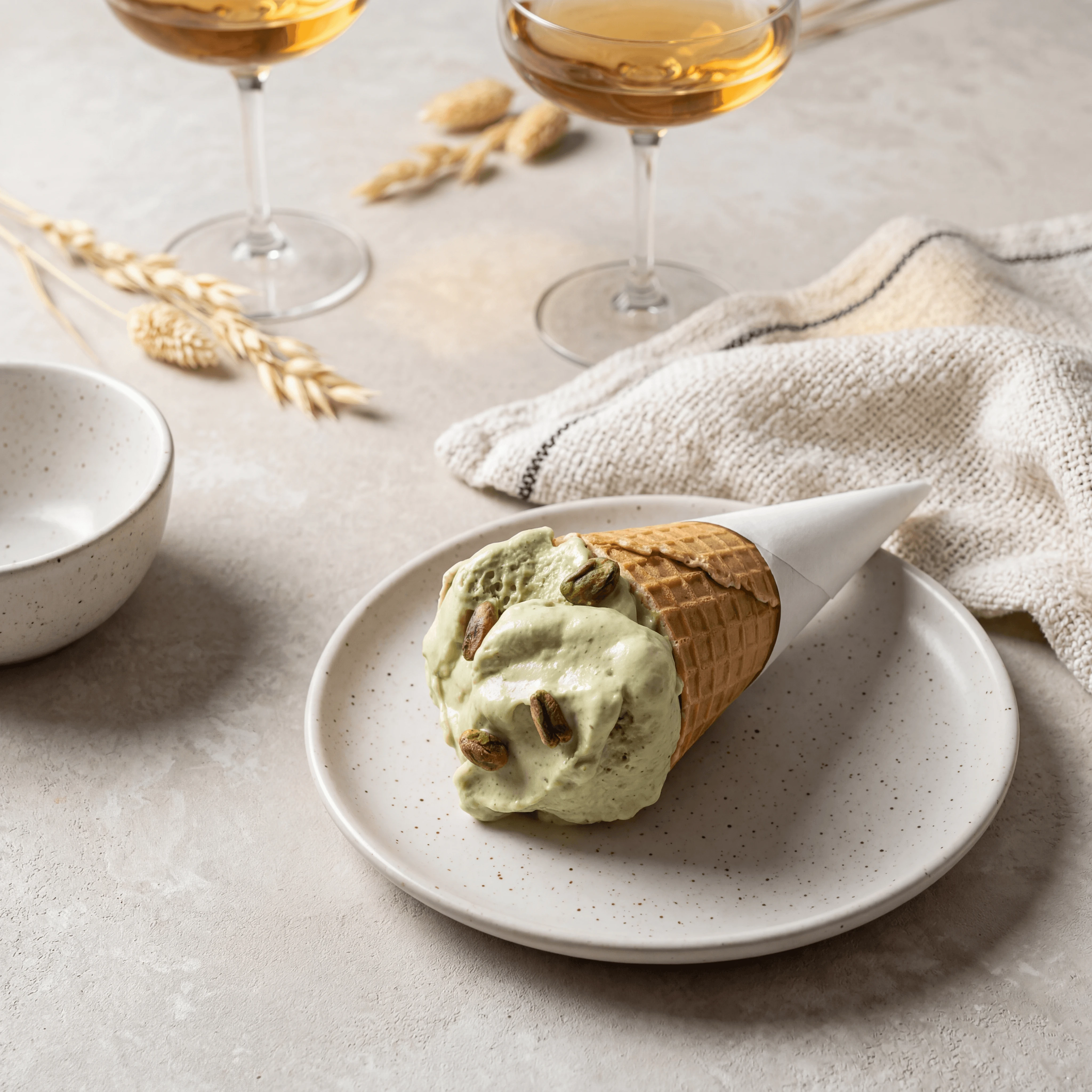 Pistachio gelato single scoop waffle cone Italian gelateria — artisan green nut dessert hero