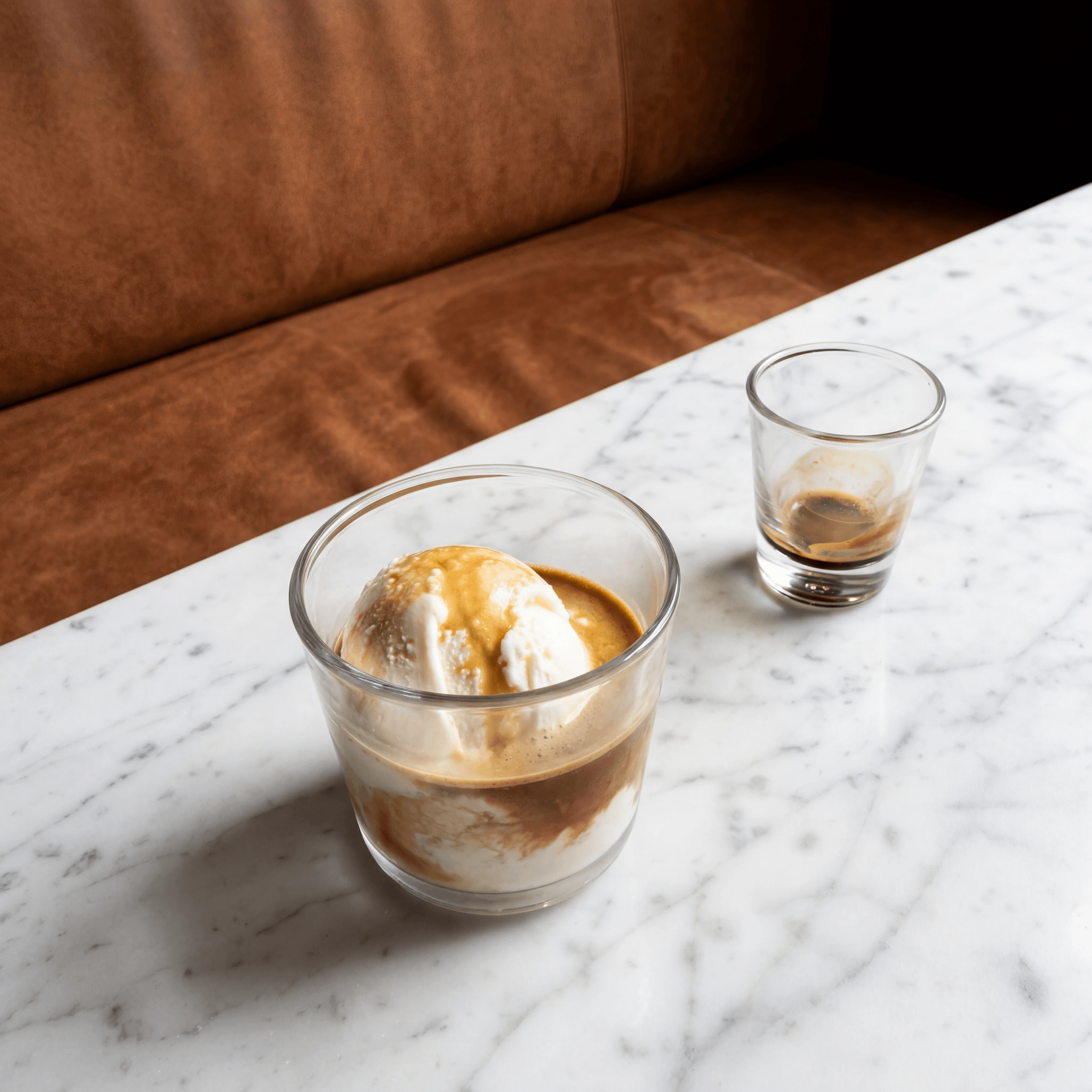 Classic affogato vanilla ice cream espresso pour glass cup — Italian coffee dessert hero photography