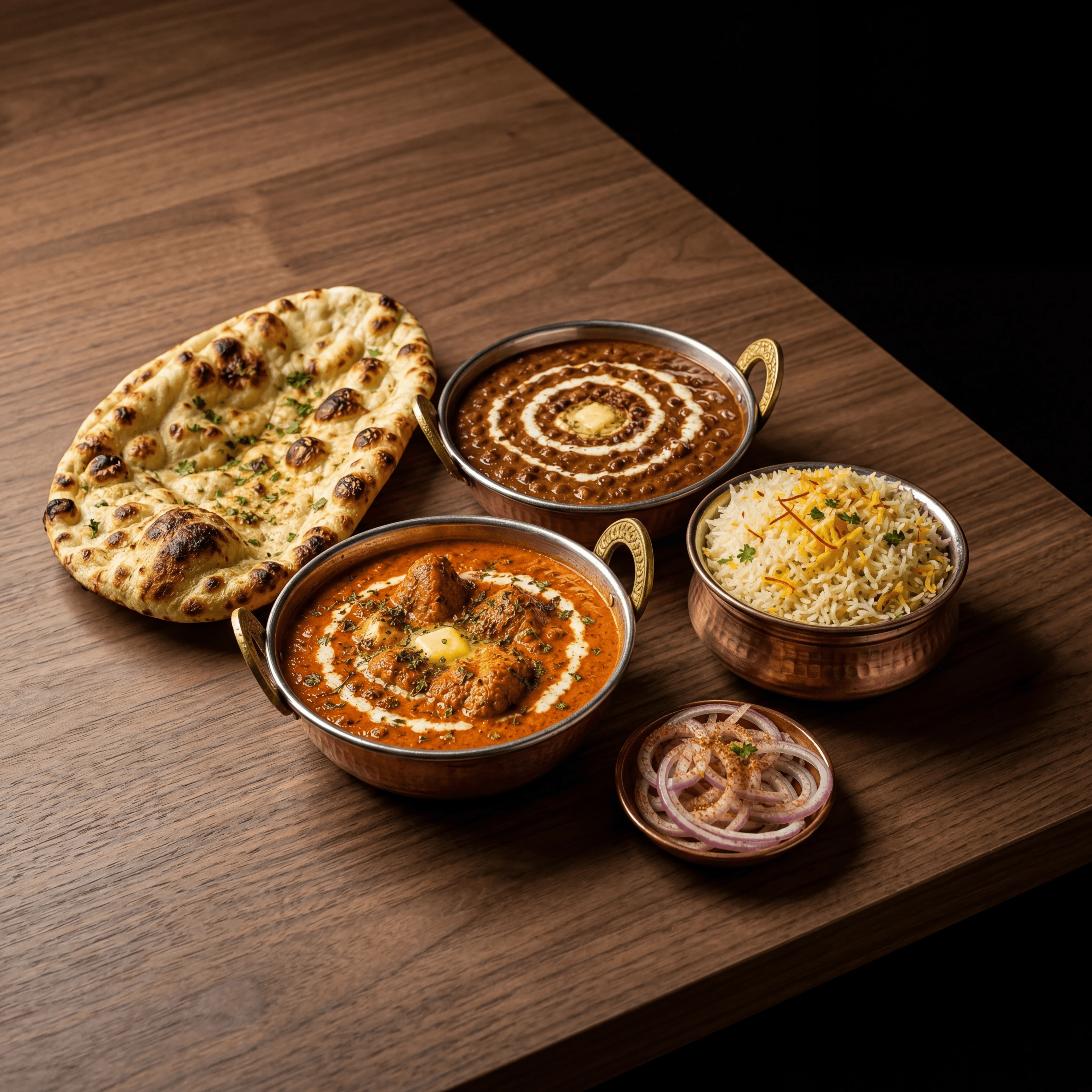 North Indian curry trio butter chicken dal makhani palak paneer copper dark — curry card photography
