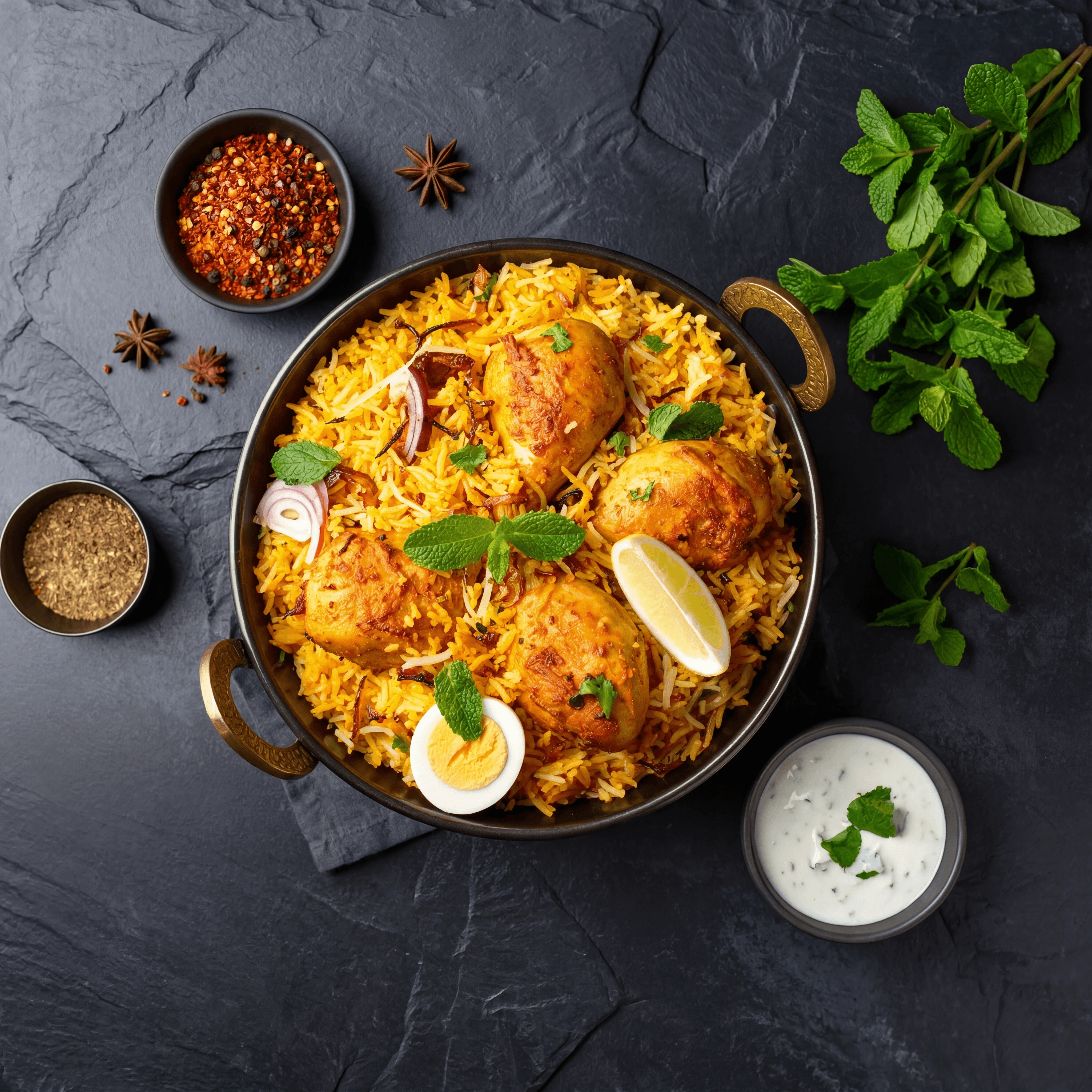 Hyderabadi biryani handi saffron basmati raita boiled egg overhead slate — biryani card photography