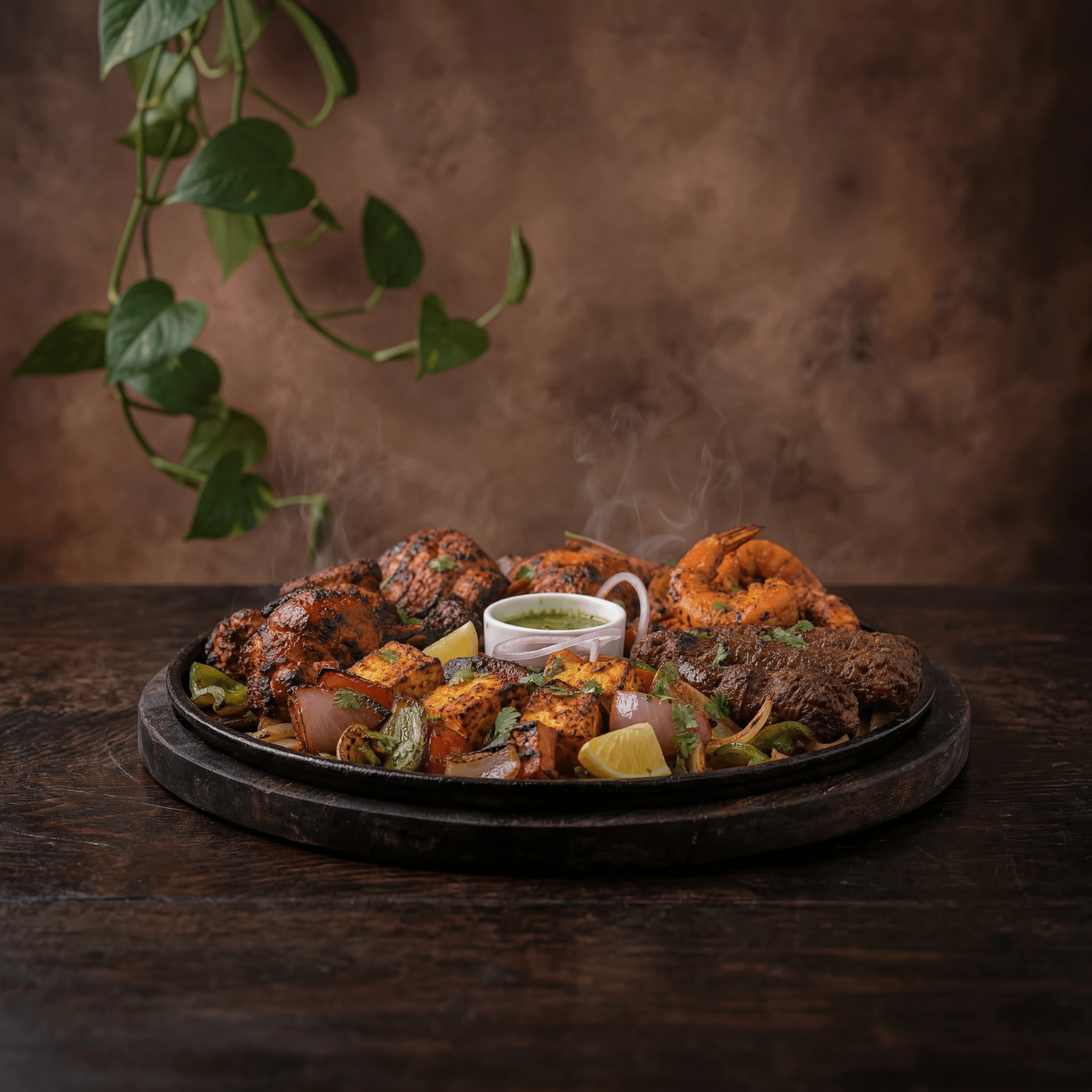 Tandoori tikka platter chicken paneer seekh kebab char rustic dark — tandoori card photography
