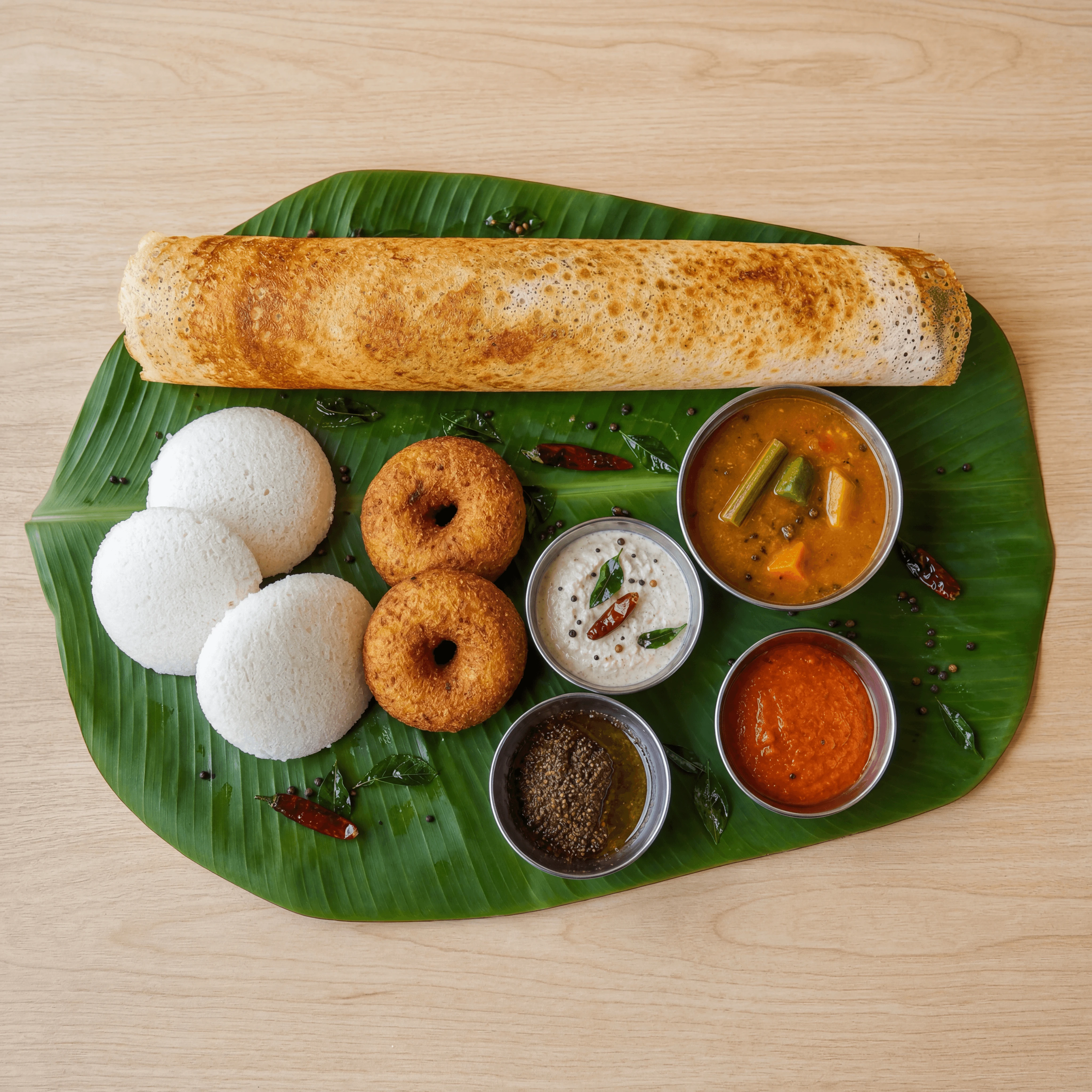 South Indian dosa idli vada sambar chutney banana leaf overhead light wood — south indian card photography