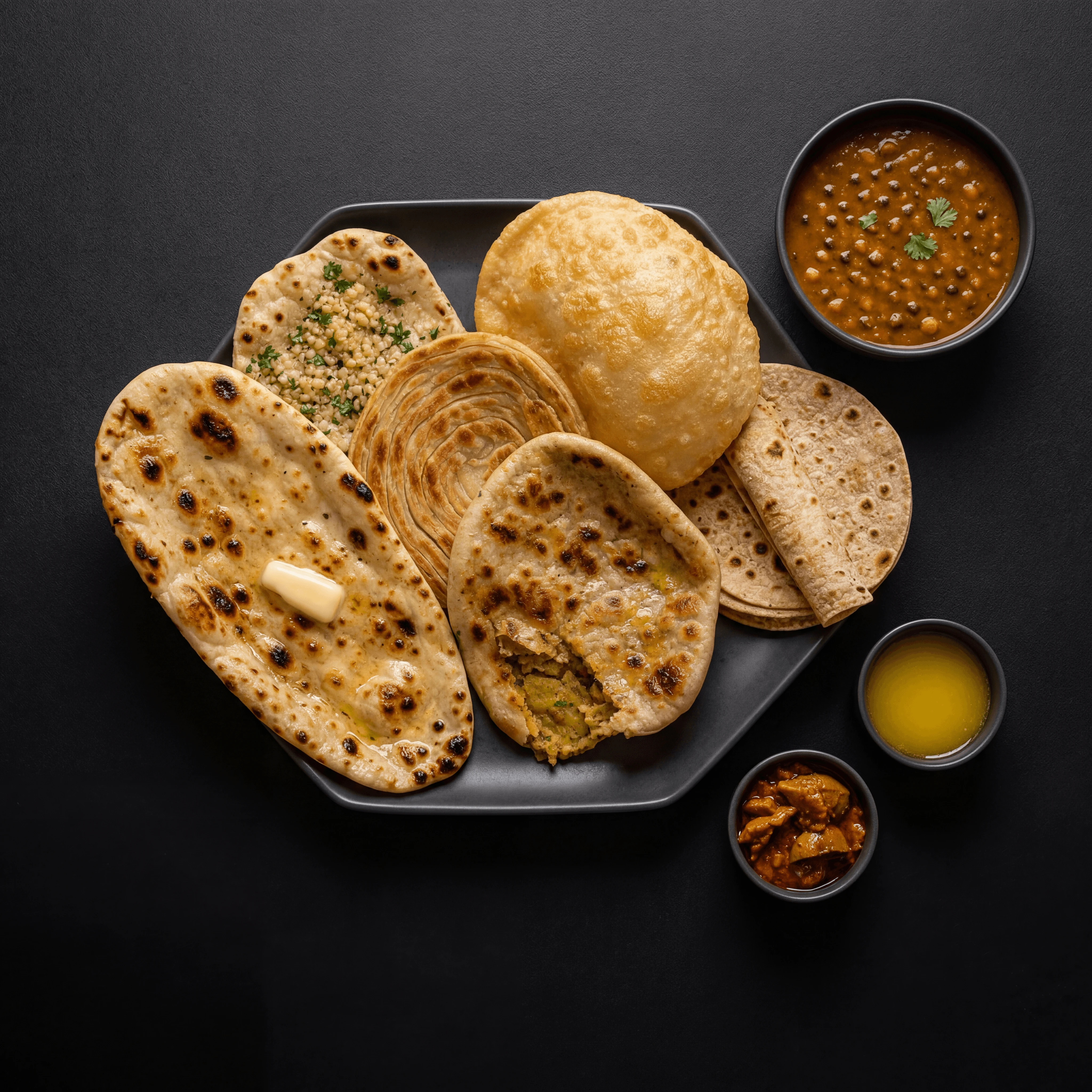 Indian breads naan paratha kulcha roti basket char butter dark monolith — bread card photography