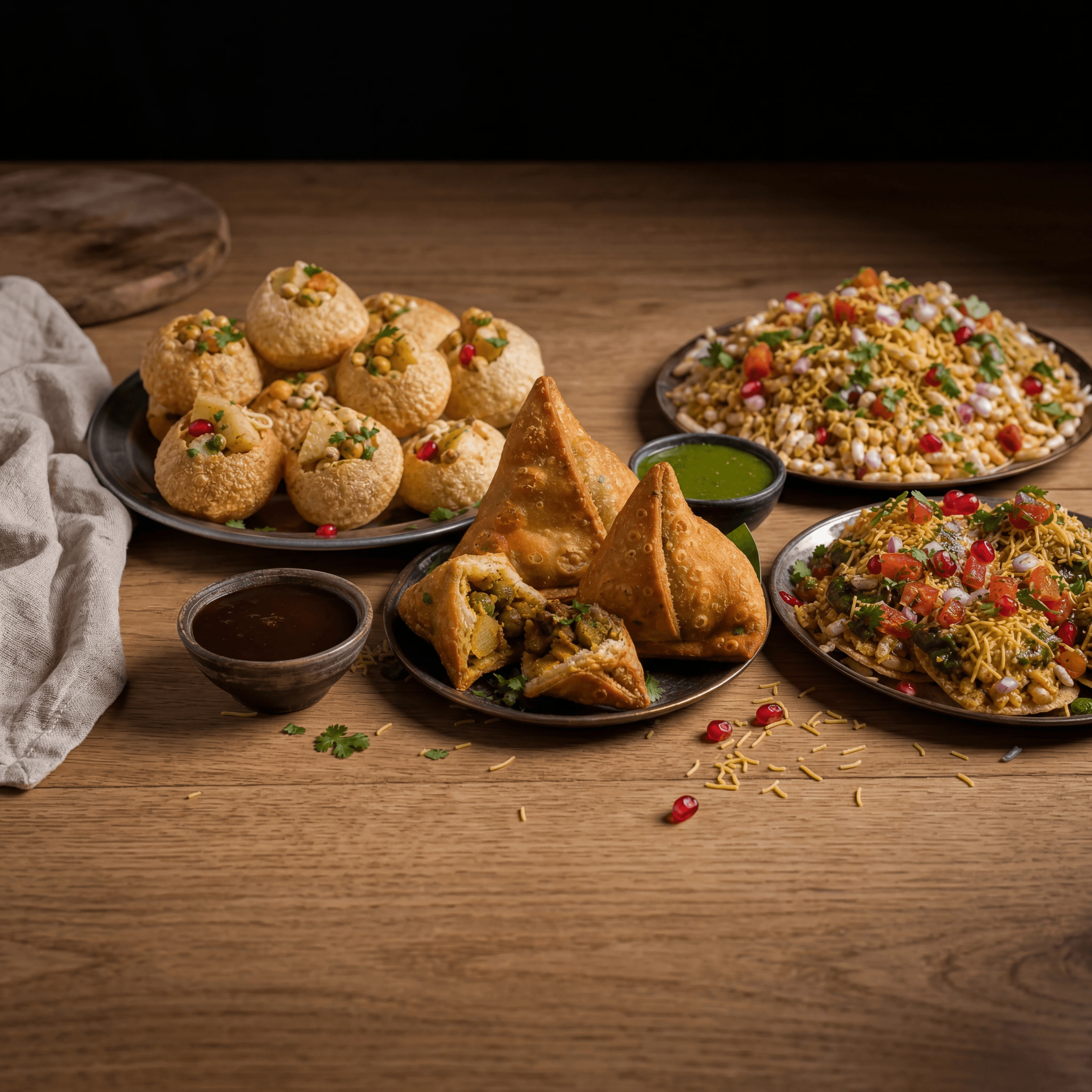 Indian chaat samosa pani puri bhel puri chutney street snacks warm cozy wood — chaat card photography