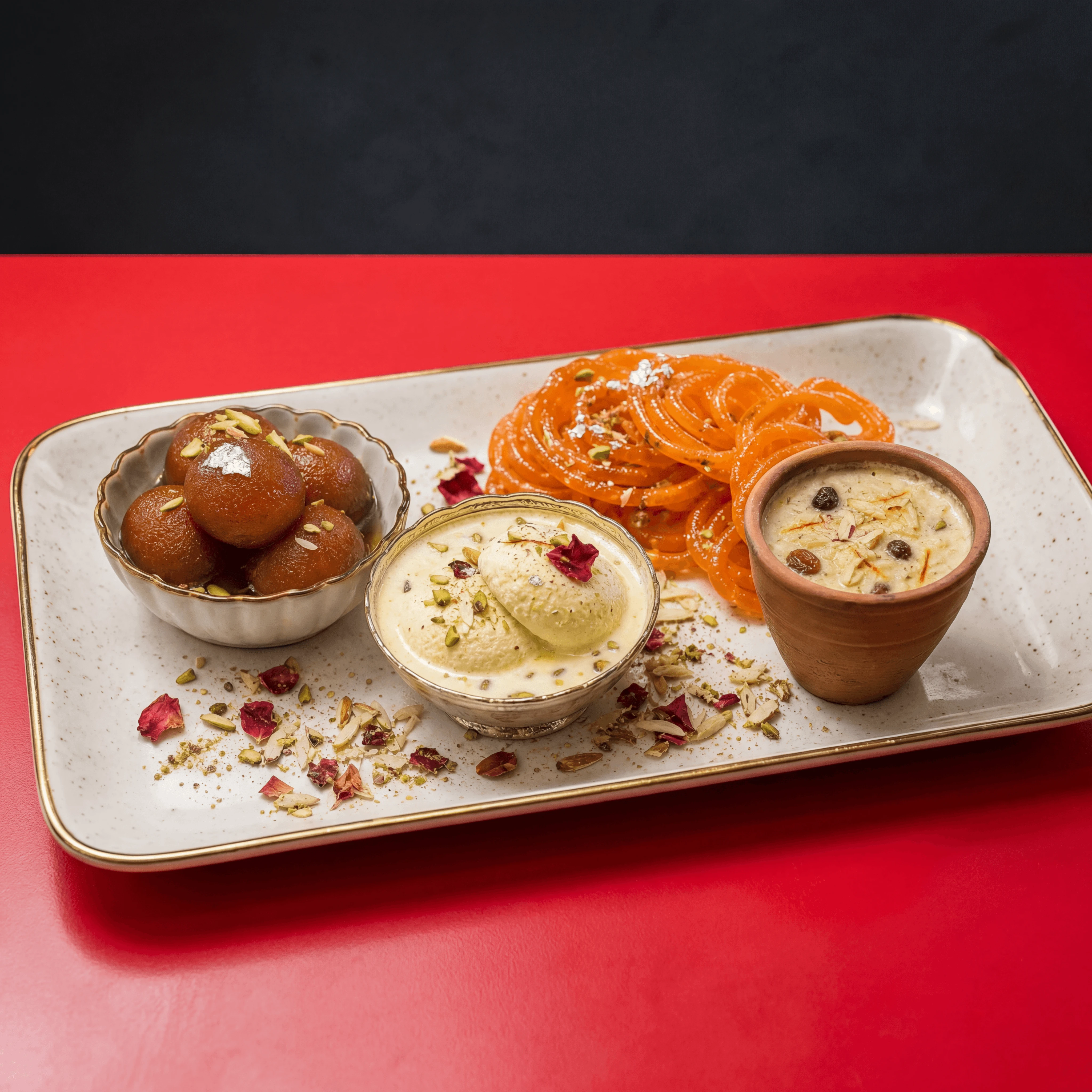 Indian mithai gulab jamun rasmalai jalebi kheer sweets tray red pasticceria — mithai card photography