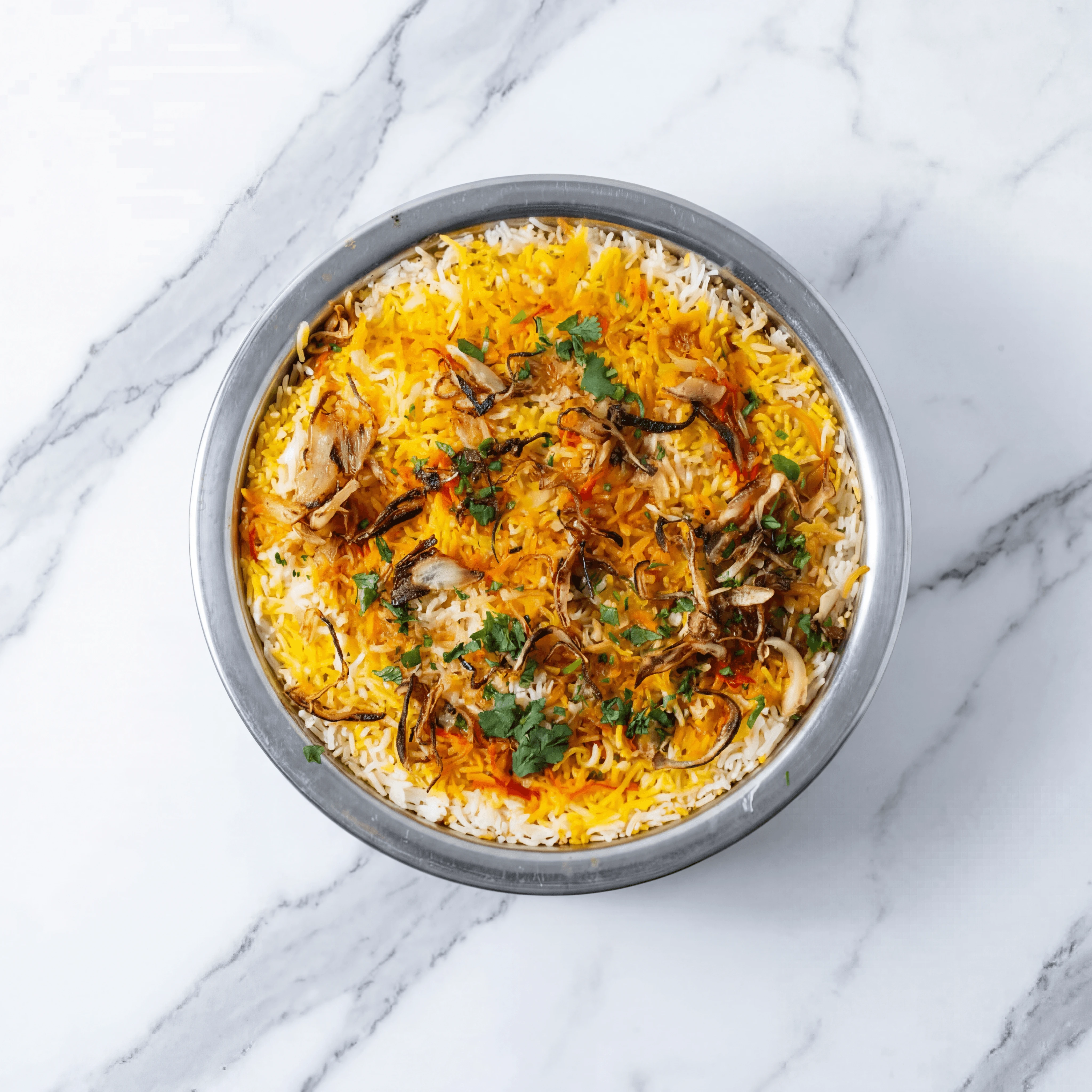 Hyderabadi chicken biryani saffron basmati handi raita overhead — biryani hero photography