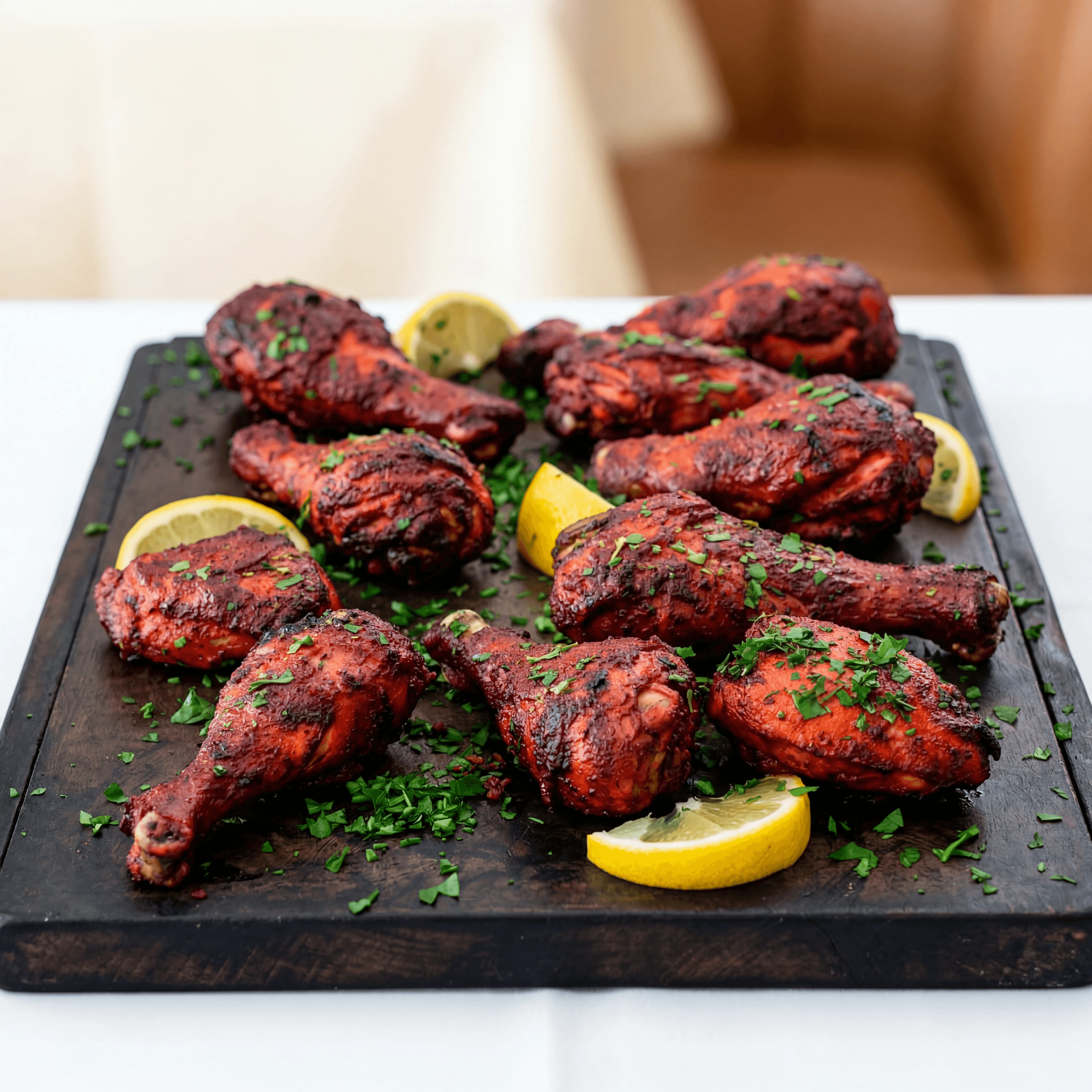 Tandoori chicken char marked clay oven red marinade lemon onion plate — tandoori hero photography