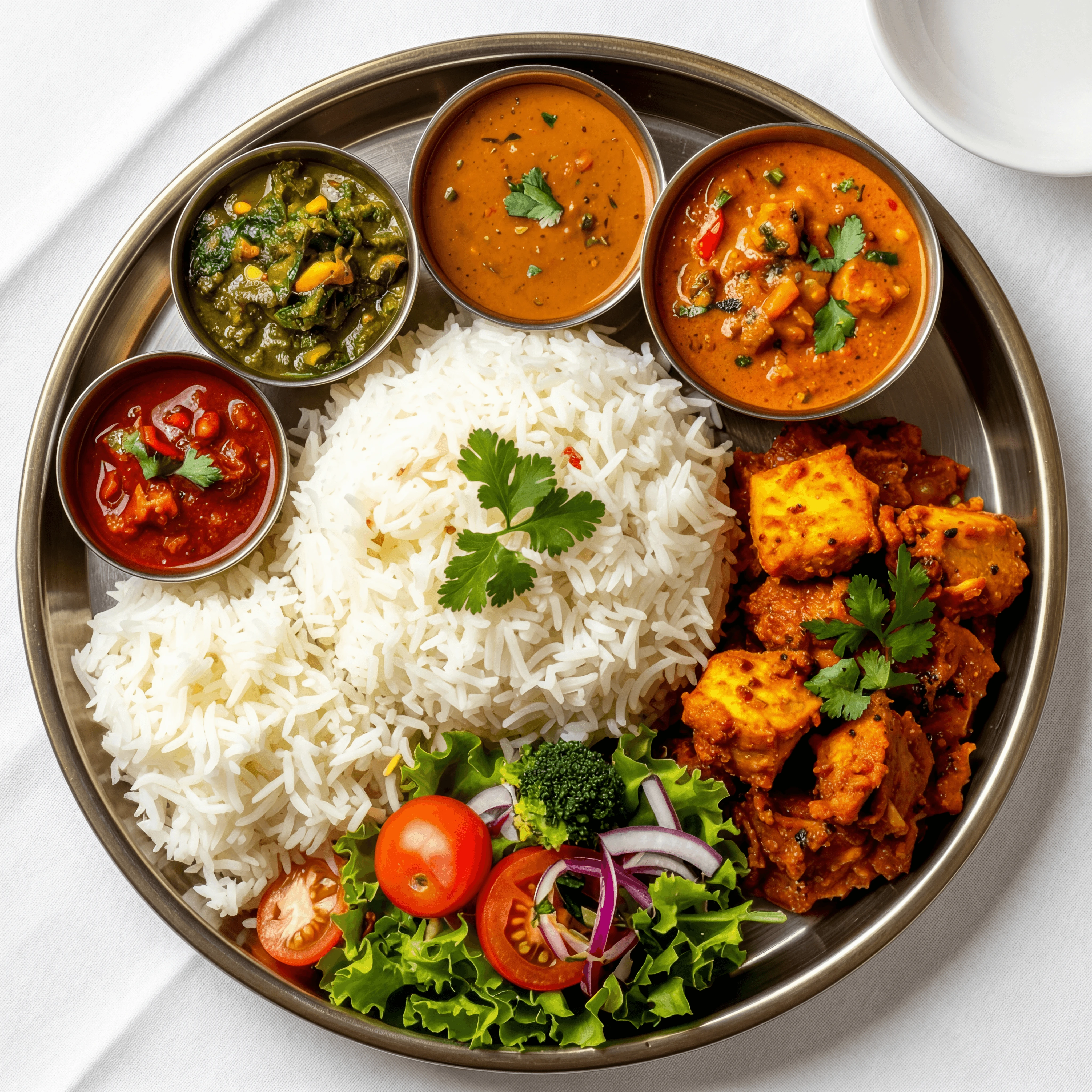 Indian thali platter steel bowls curries rice dal naan rice overhead — thali hero photography