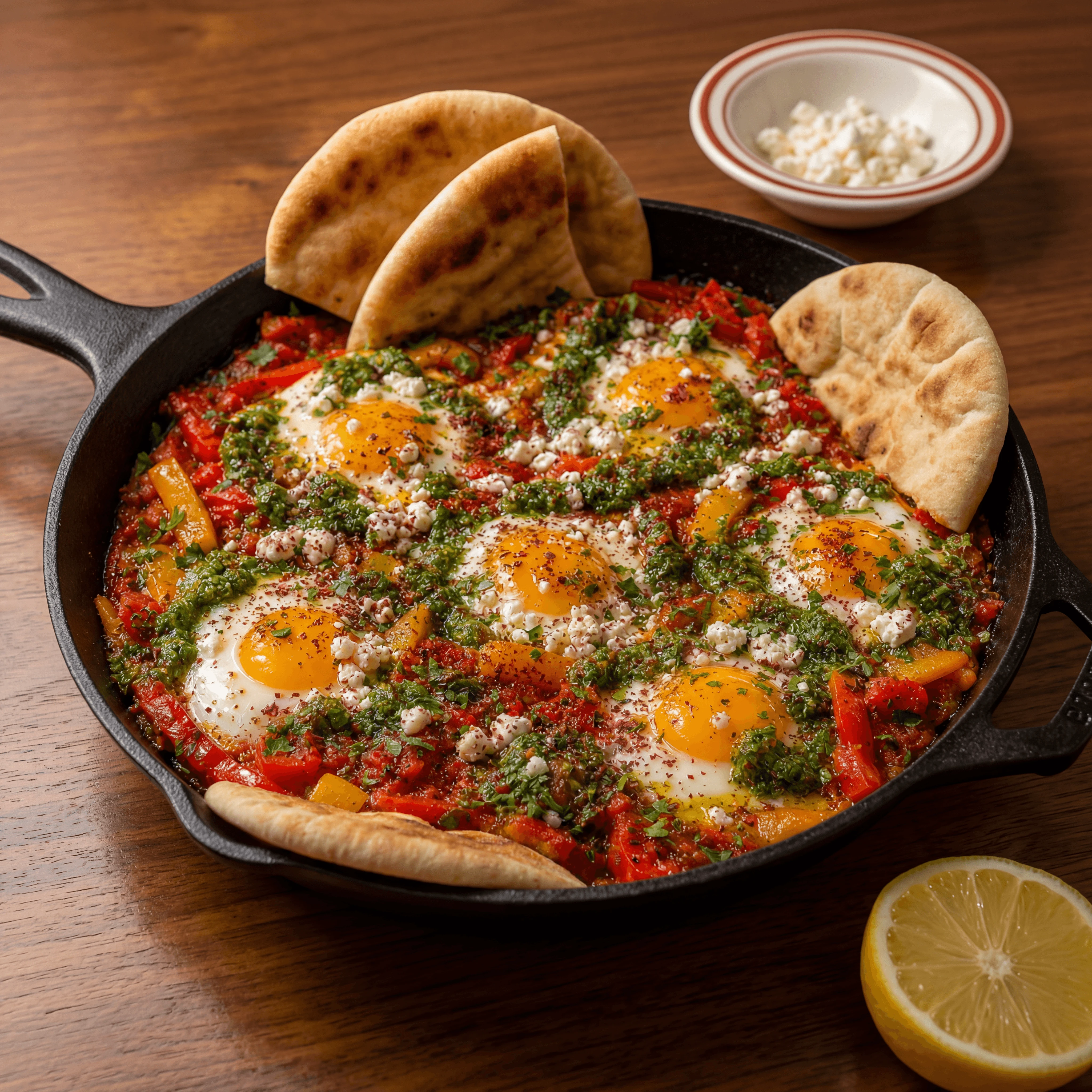 Shakshuka cast iron skillet poached eggs feta schug warm cantina Israeli — shakshuka card photography