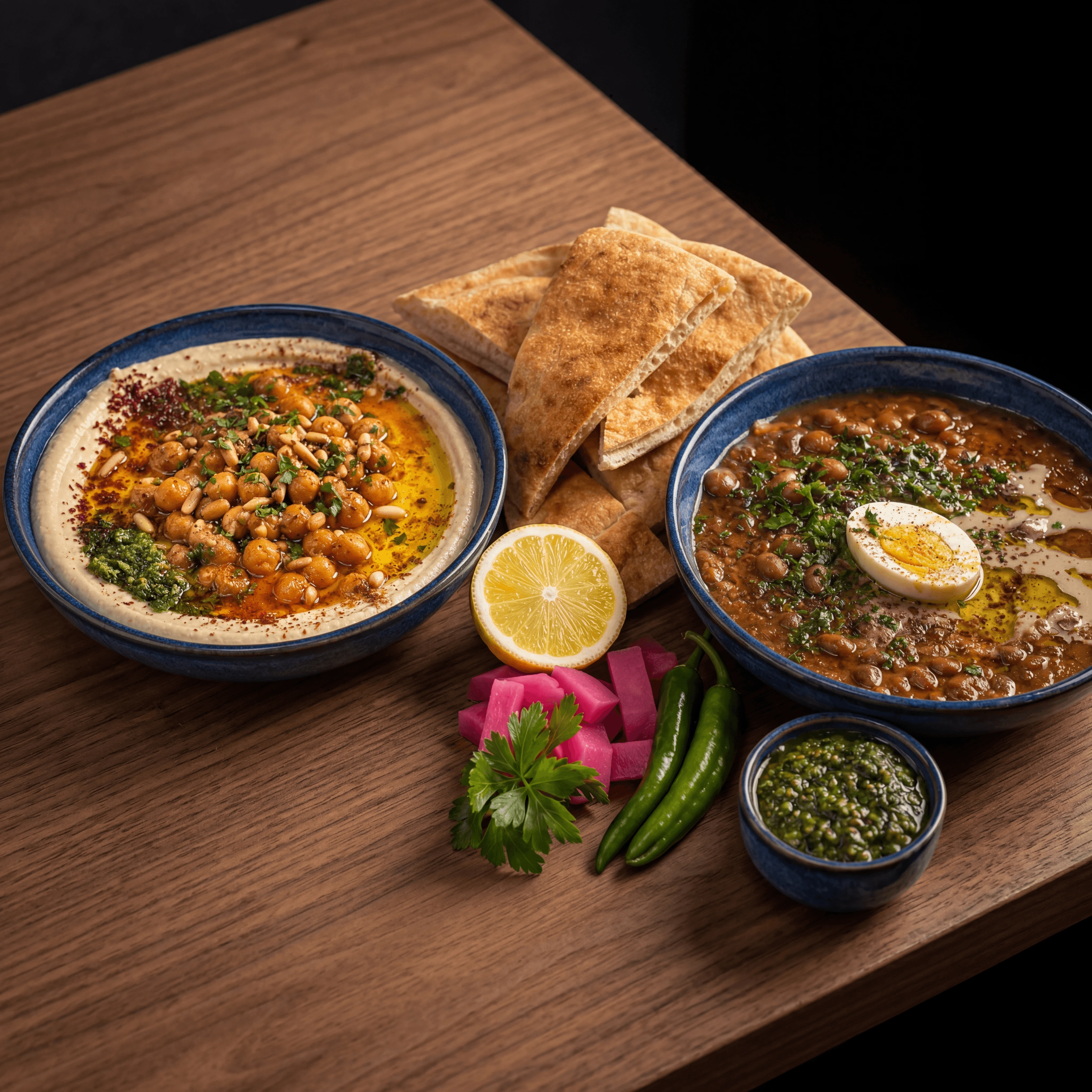 Hummus masabacha bowl whole chickpeas paprika oil pita dark walnut Israeli — hummus masabacha card photography
