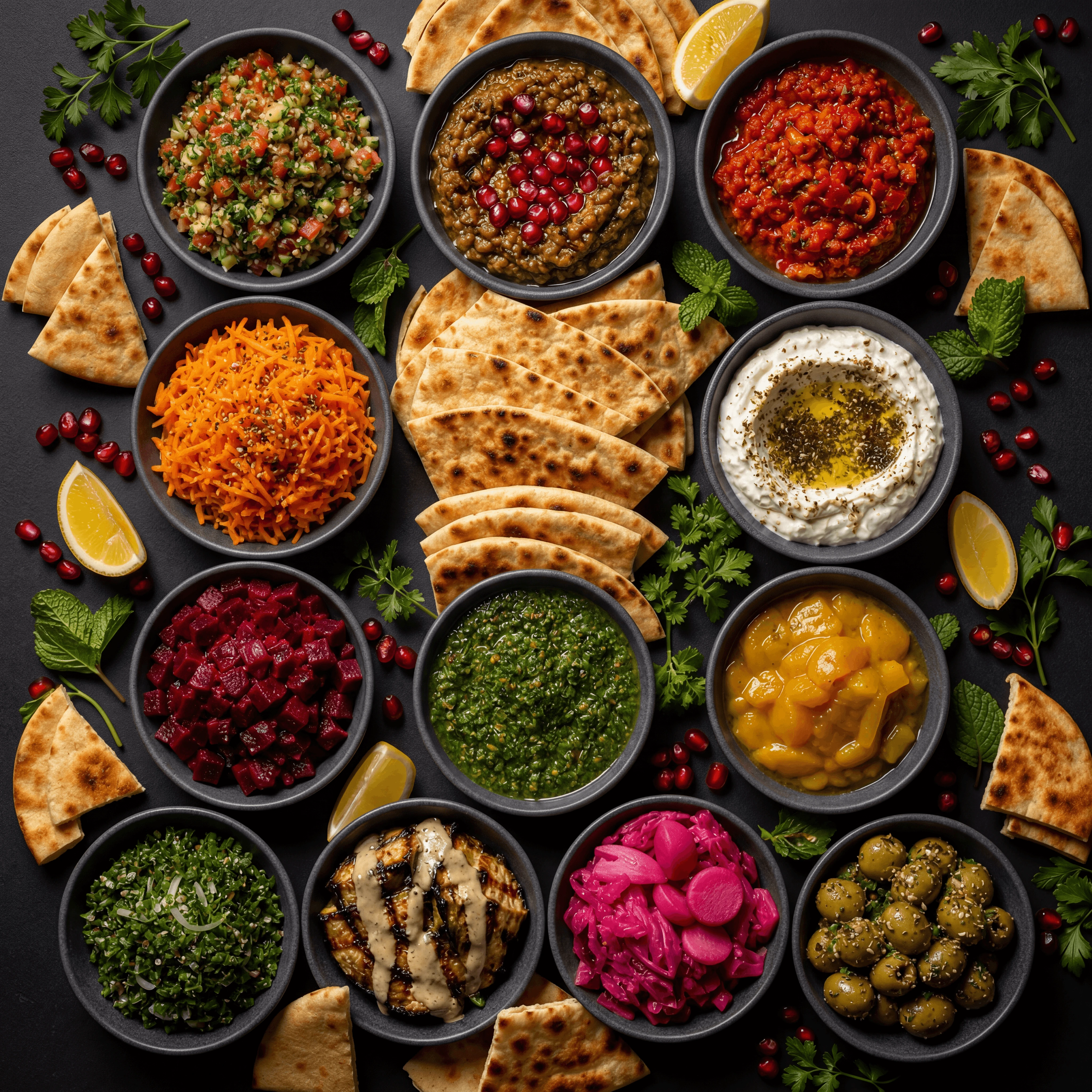 Israeli salatim spread many small plates overhead dark monolith dramatic — salatim card photography