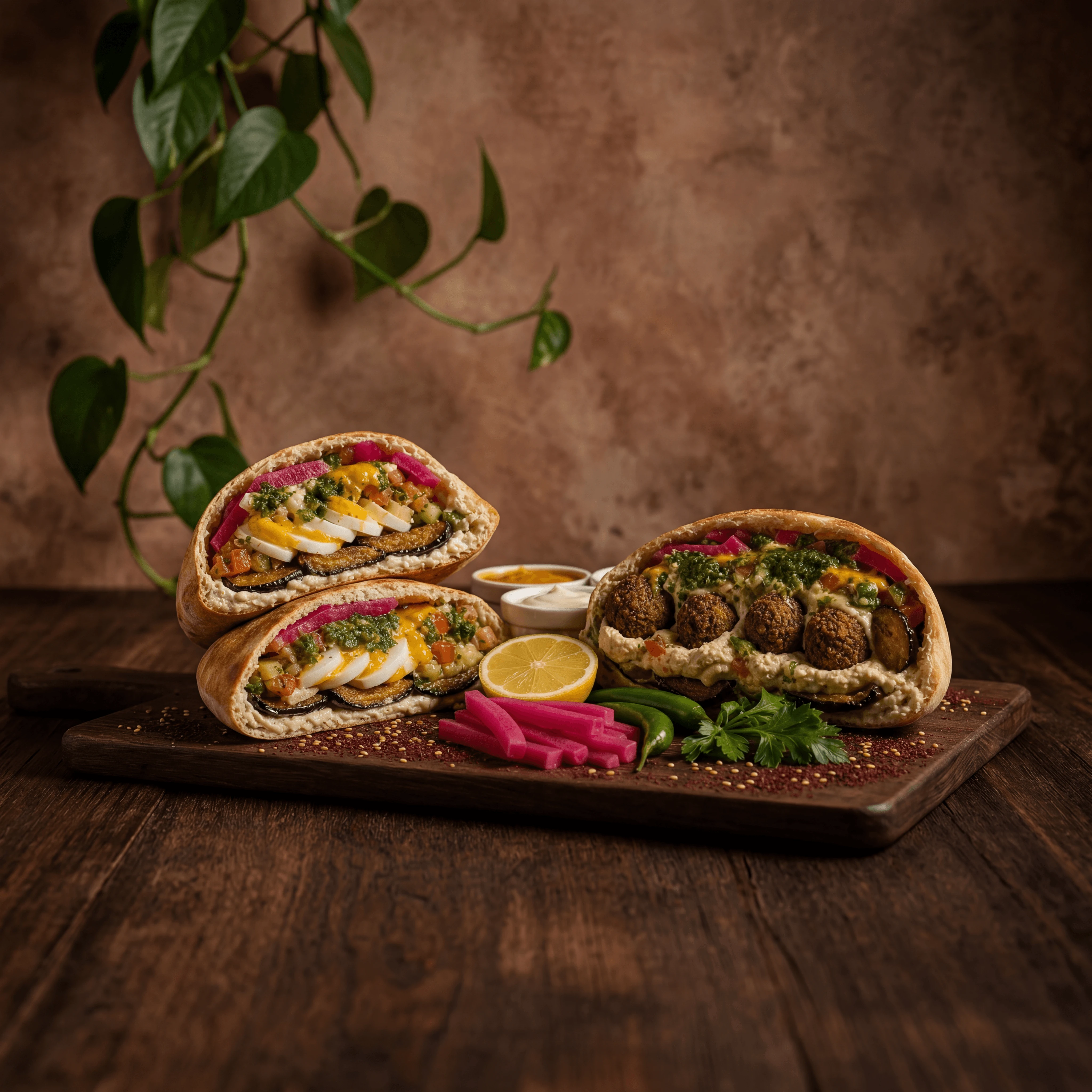 Sabich pita fried eggplant egg amba tahini cross section dramatic rustic Israeli — sabich card photography