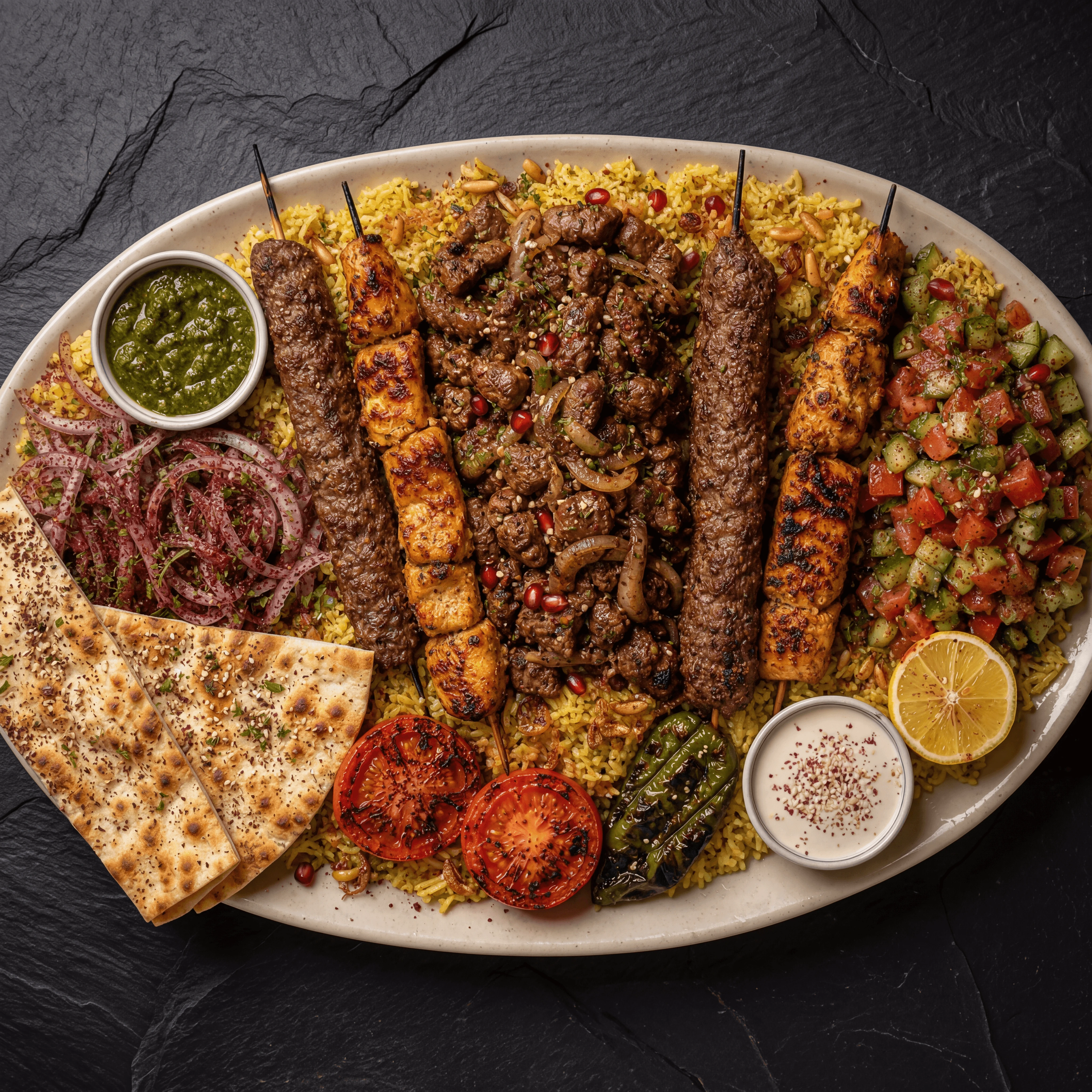 Jerusalem mixed grill skewers kebab chicken lamb overhead dark slate Israeli — Jerusalem grill card photography