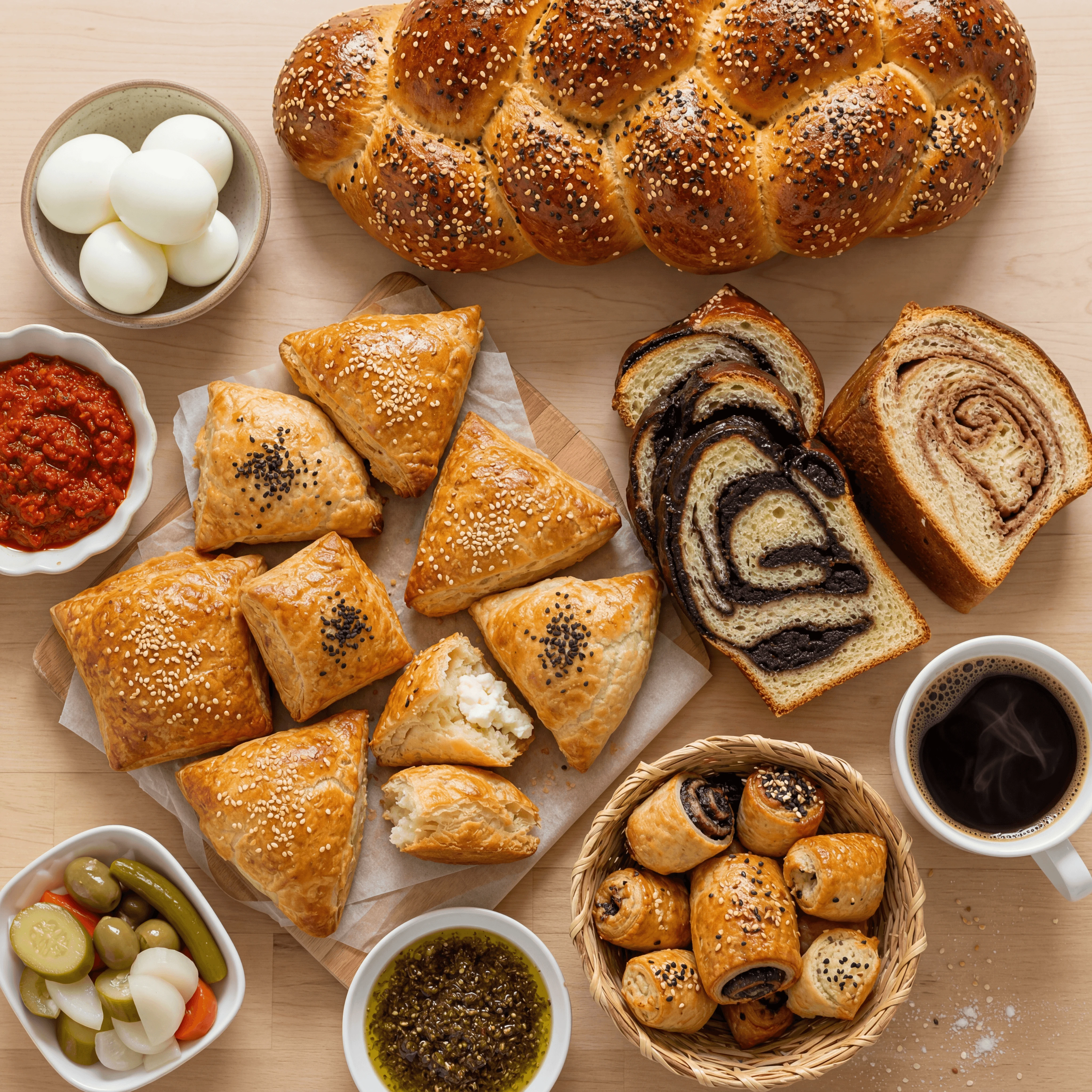 Bourekas challah babka golden pastries bread overhead light wood Israeli bakery — bourekas challah card photography