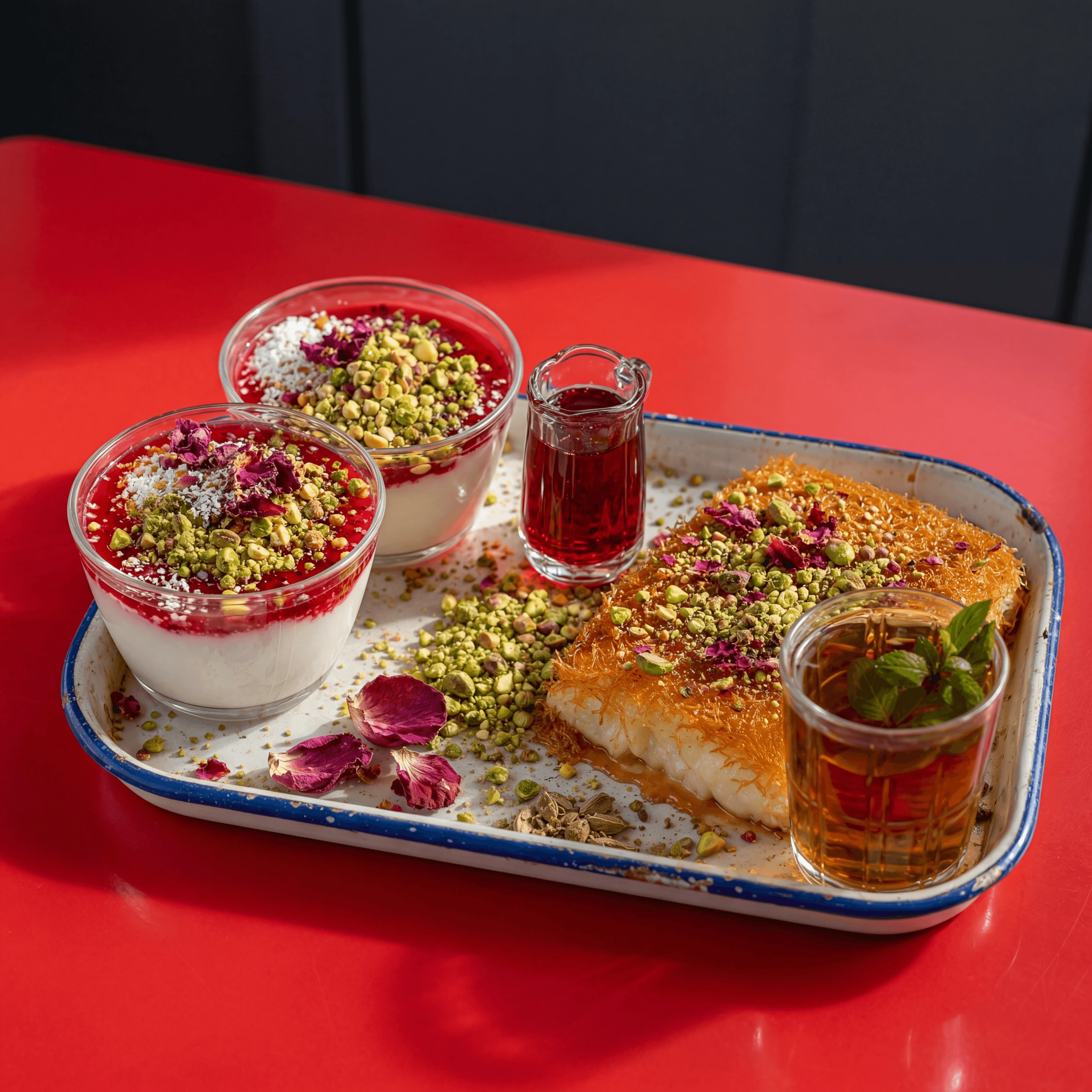 Malabi knafeh Israeli desserts rosewater pistachio red cafe sweets — malabi knafeh card photography