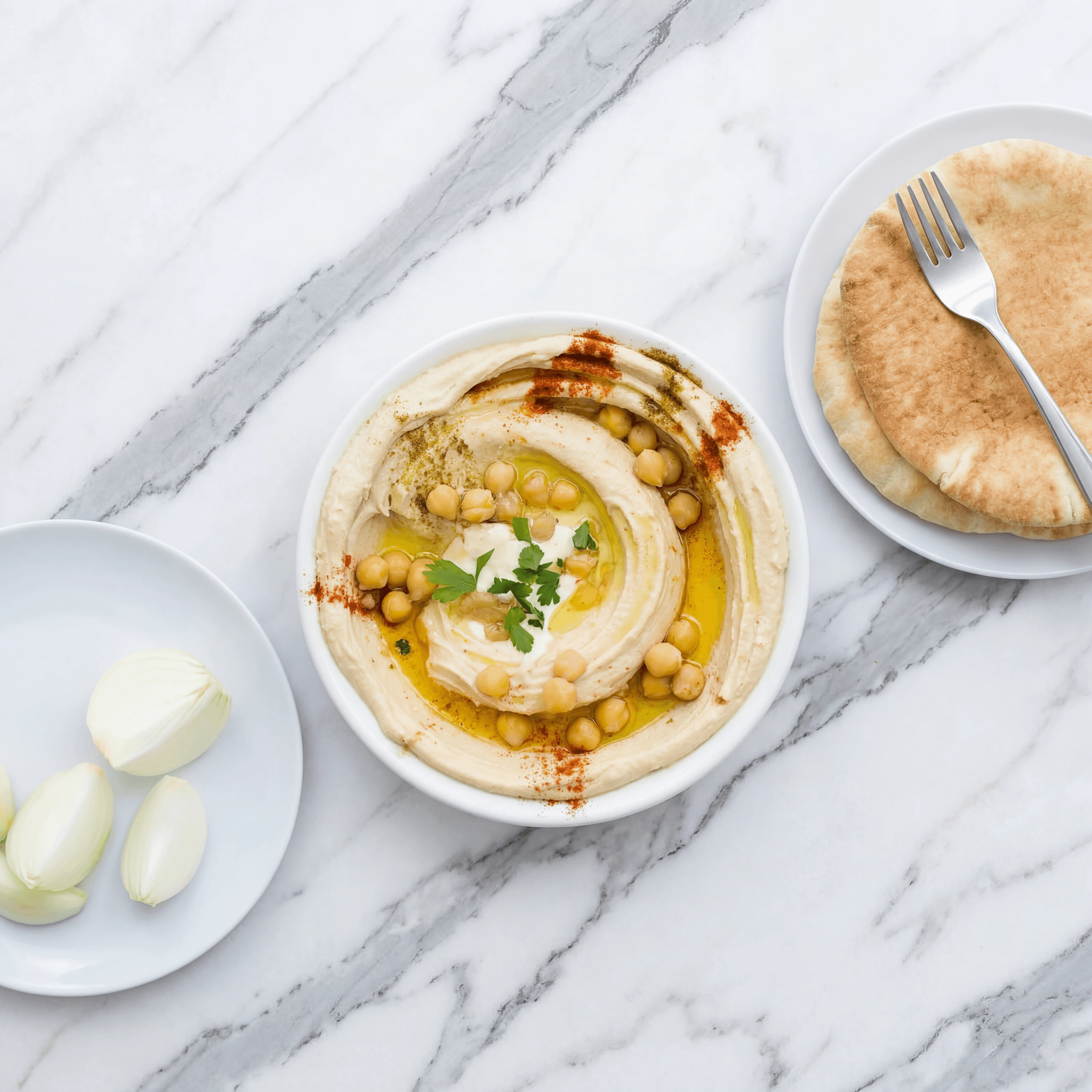 Hummus masabacha whole chickpeas paprika oil overhead marble pita — Israeli hummus hero photography