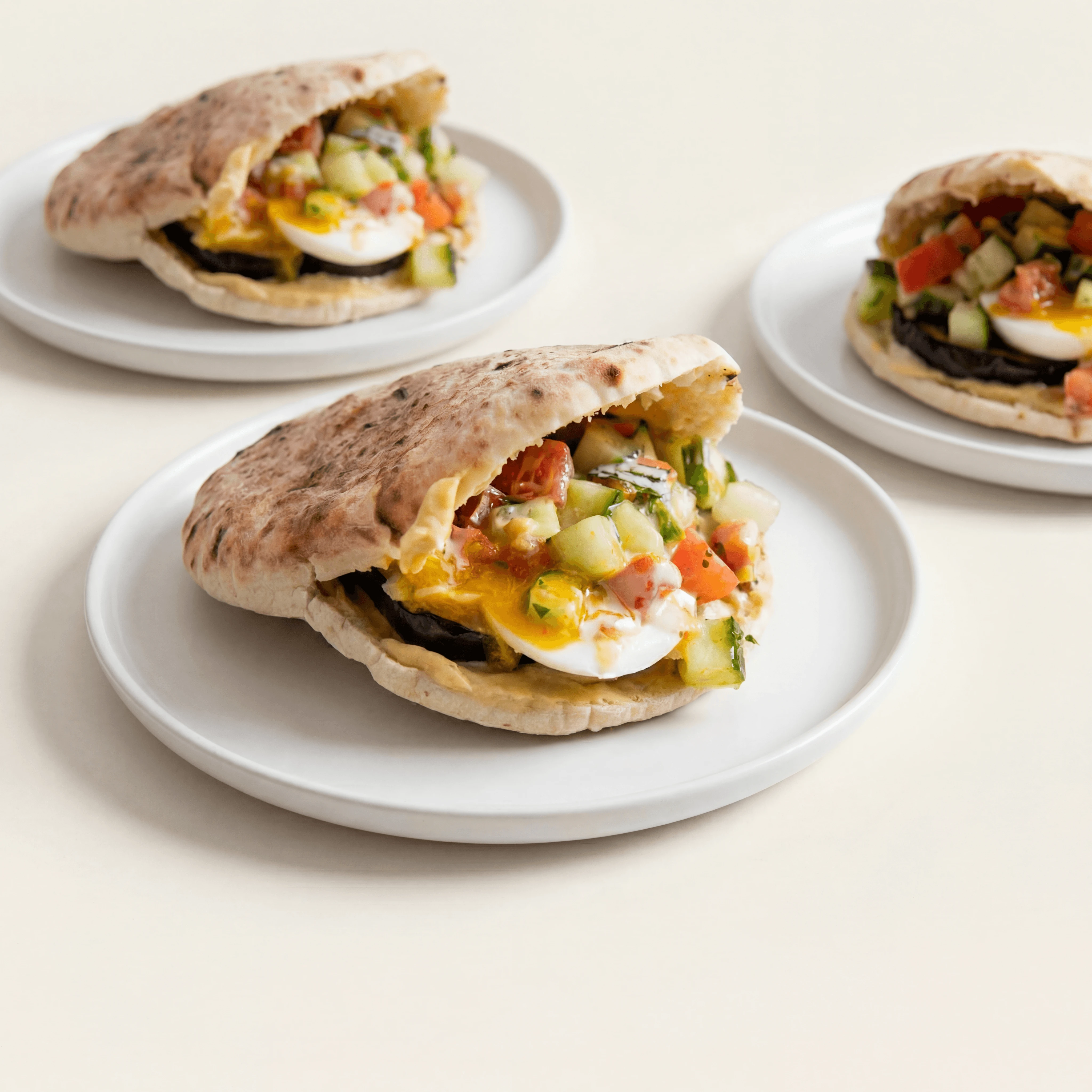 Sabich pita fried eggplant egg amba tahini cross section — Israeli sabich hero photography