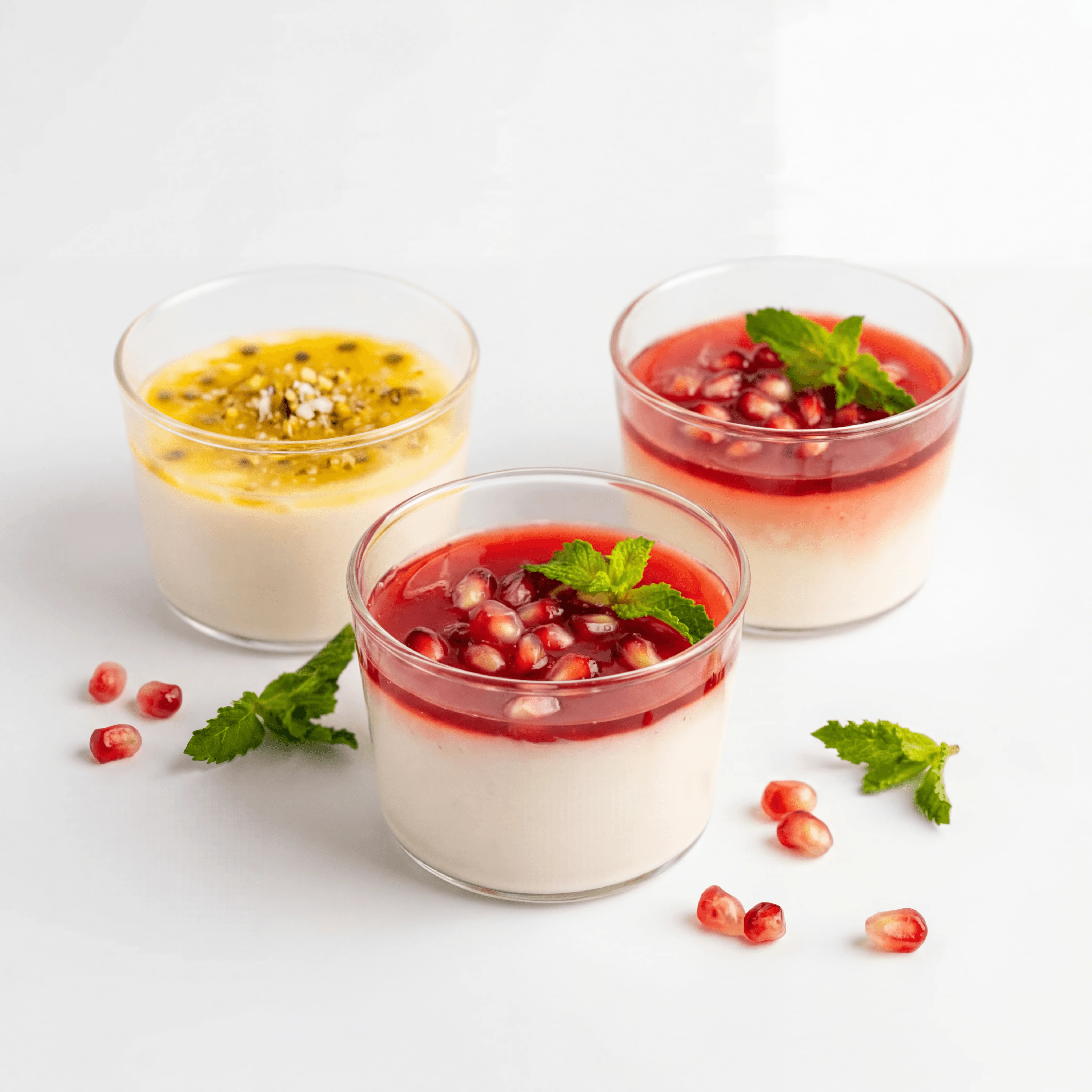 Malabi rosewater milk pudding red syrup pistachio coconut glass — Israeli malabi hero photography