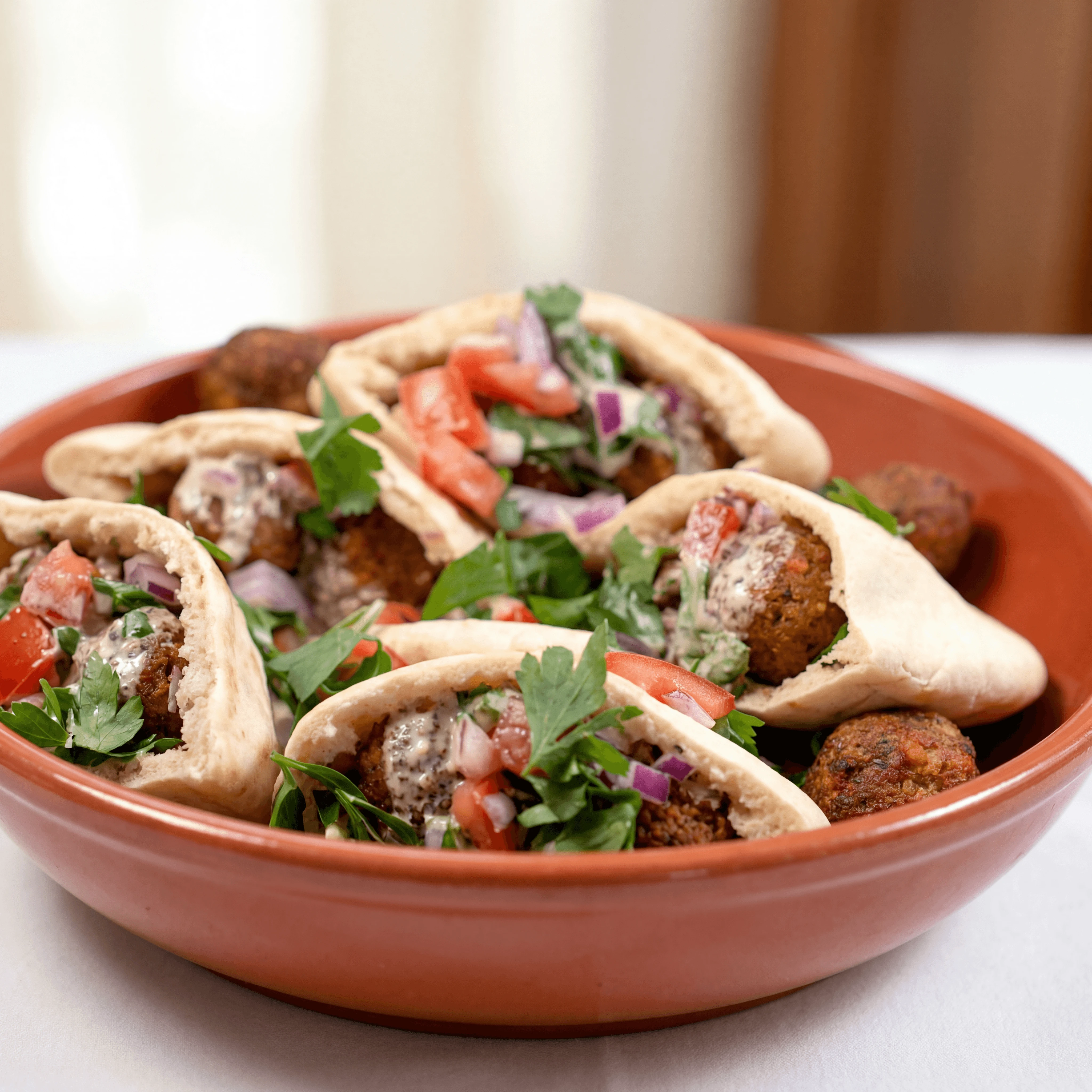 Falafel pita open all toppings tahini amba pickles hummus — Israeli falafel pita hero photography