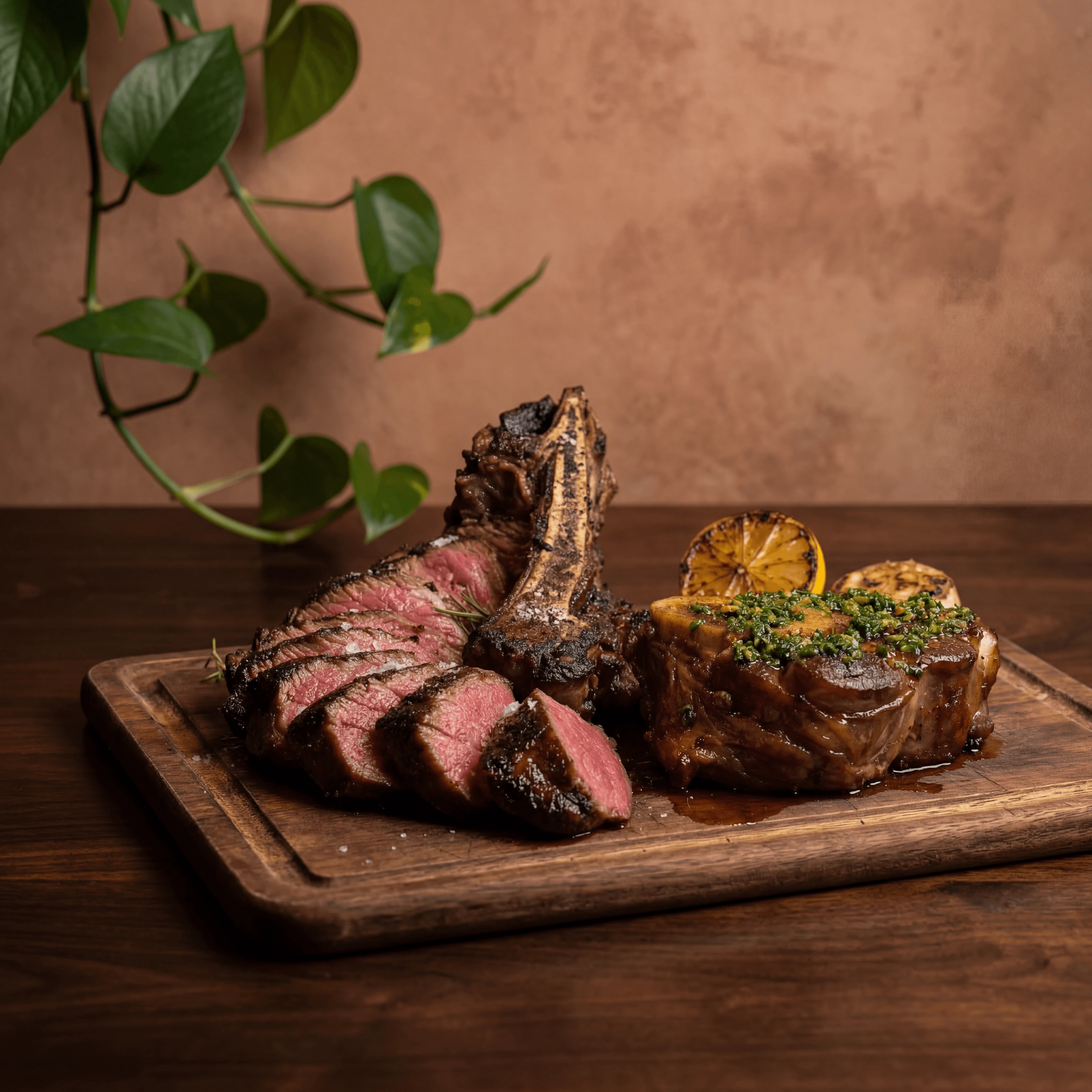 Bistecca alla fiorentina sliced osso buco secondi dramatic rustic — secondi card photography