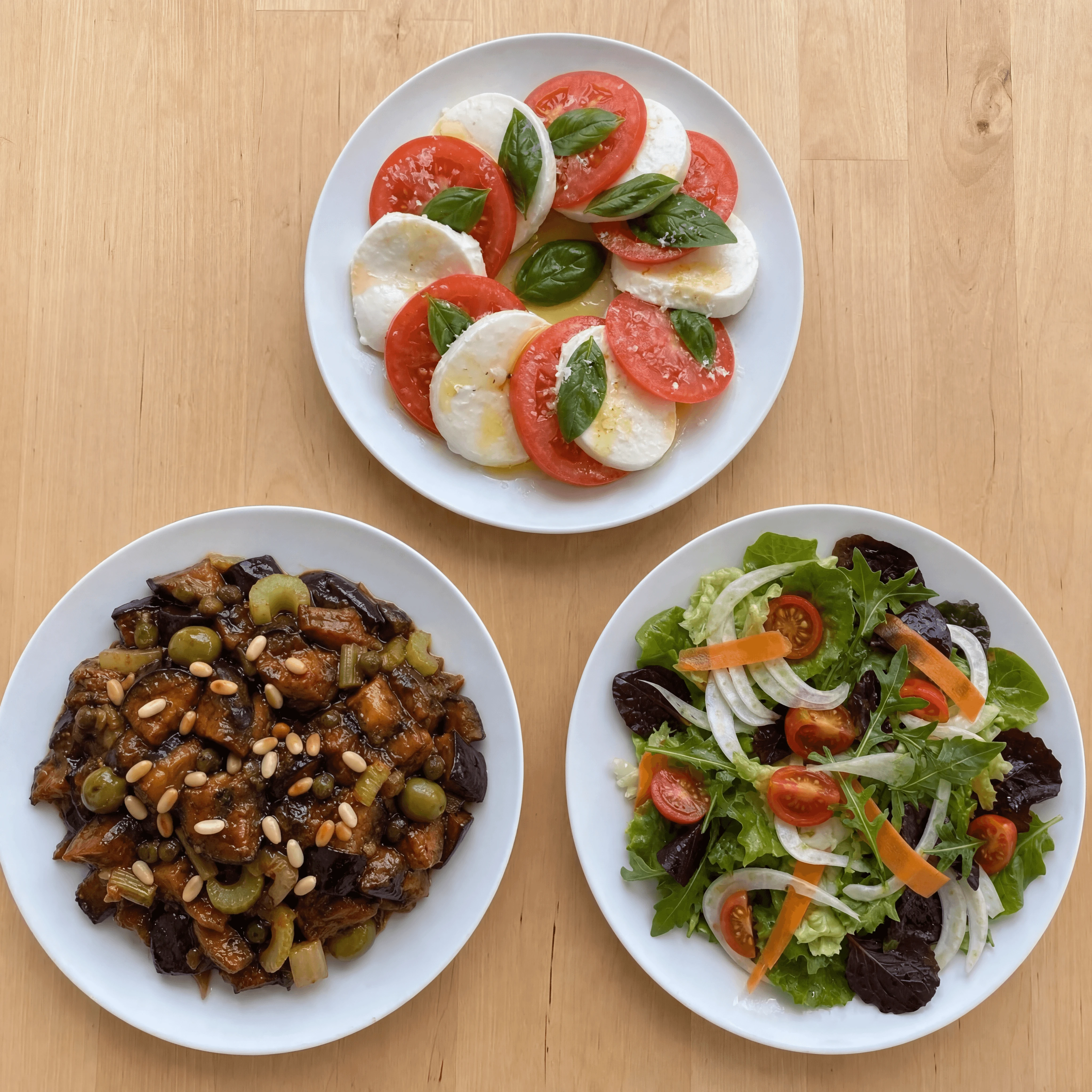Italian contorni caprese caponata salads overhead light wood — contorni card photography