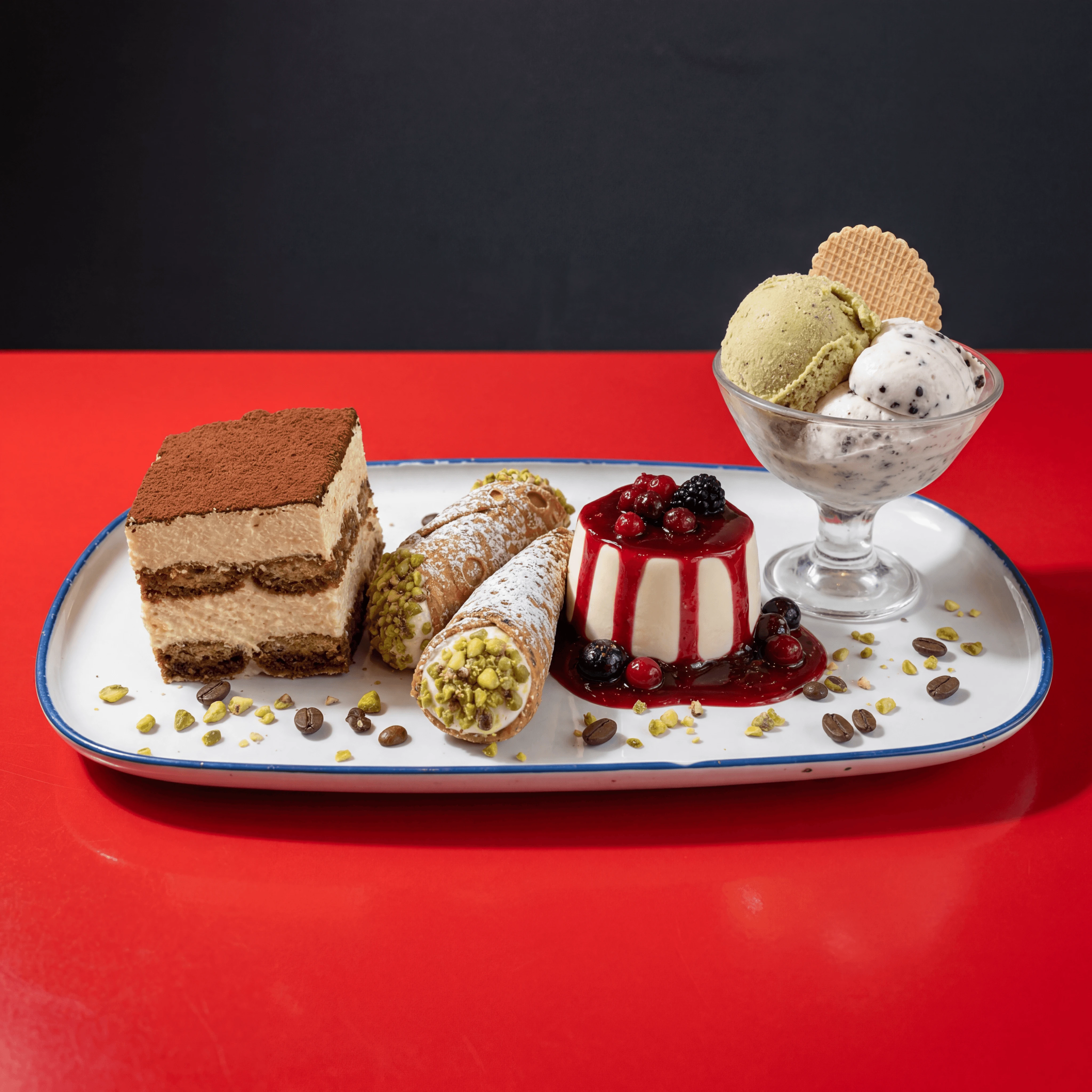 Italian dolci tiramisu cannoli panna cotta gelato red pasticceria — dolci card photography