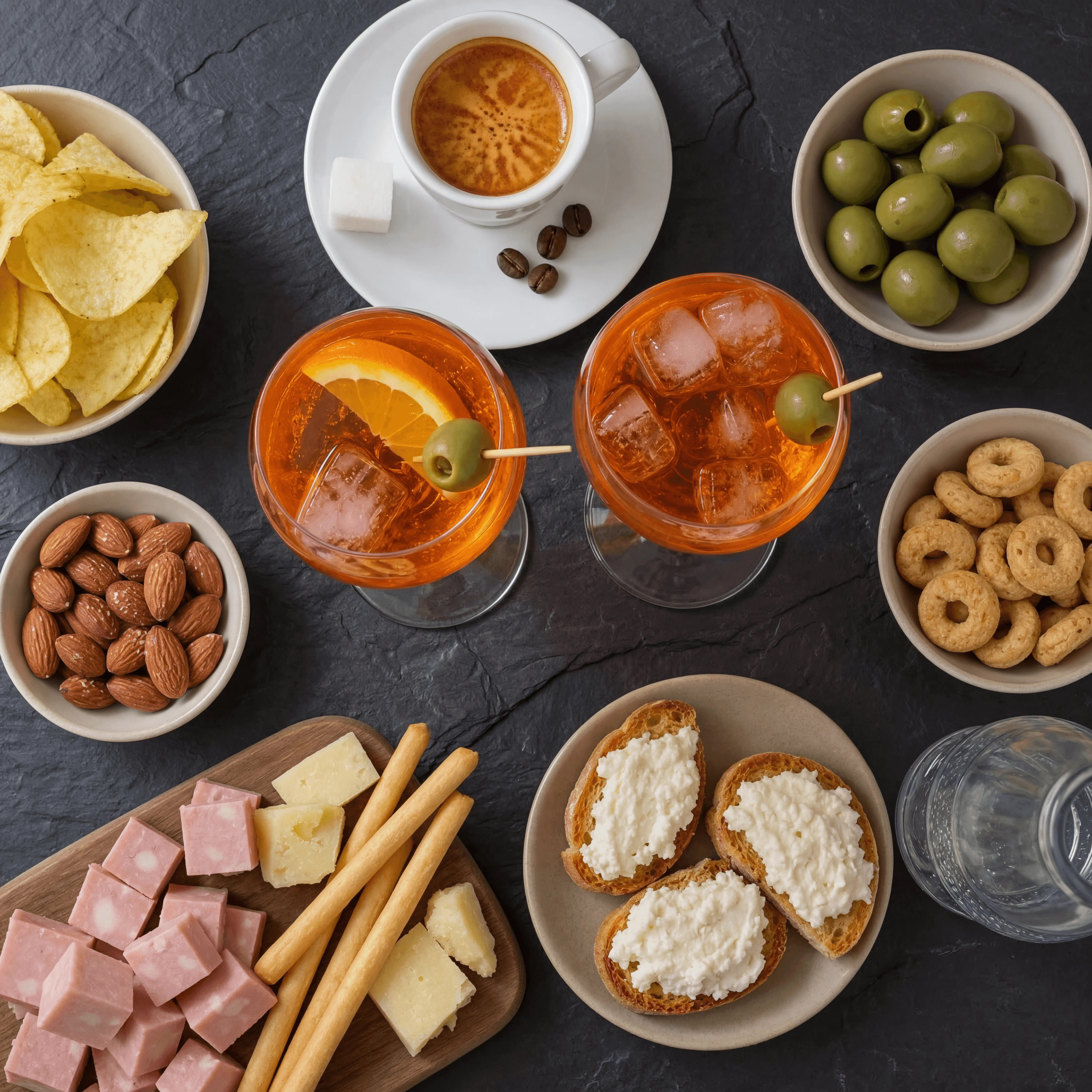 Espresso crema aperitivo spritz olives small plates overhead dark slate — espresso aperitivo card photography