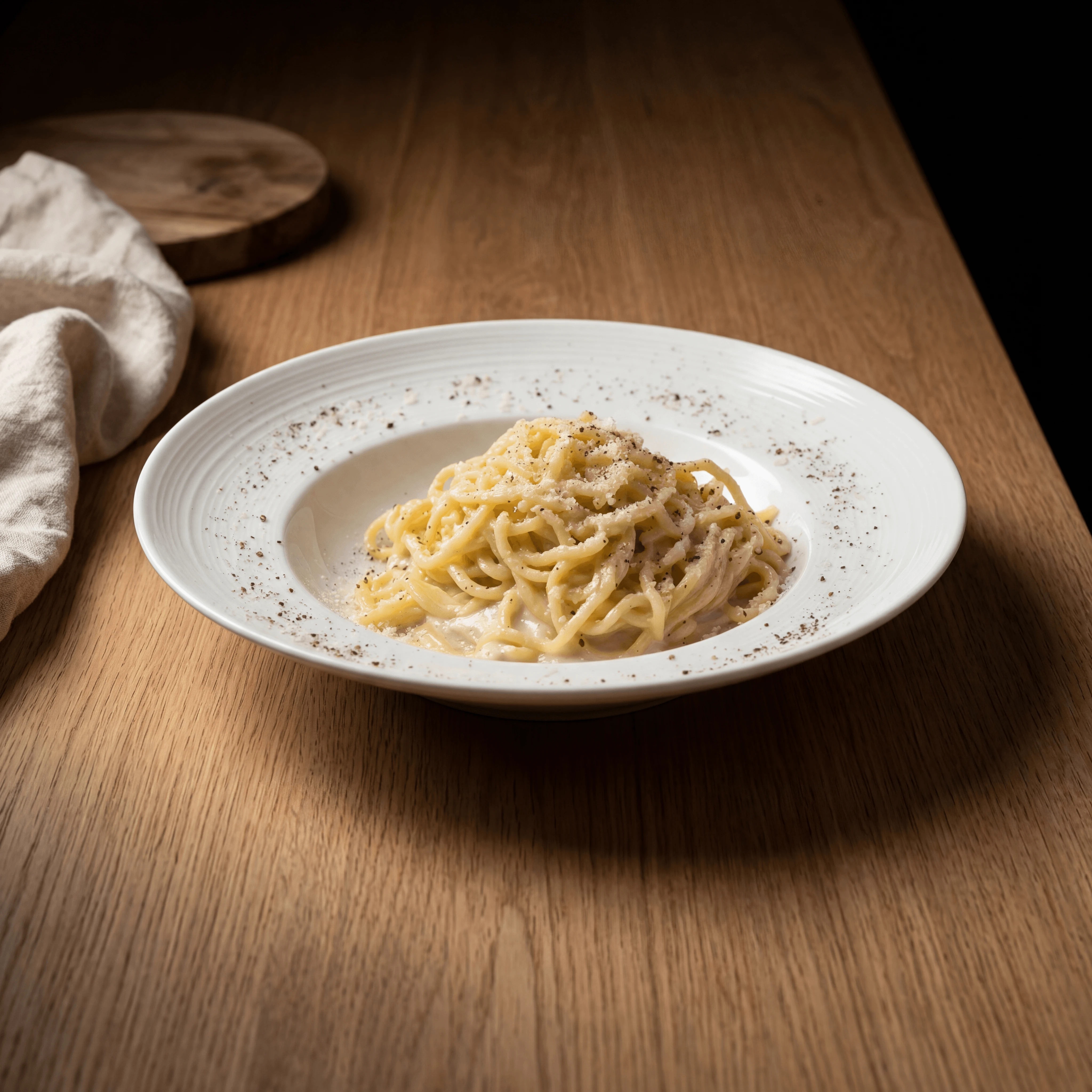 Cacio e pepe tonnarelli pecorino pepper macro plate — iconic cacio e pepe FAQ sidebar photography
