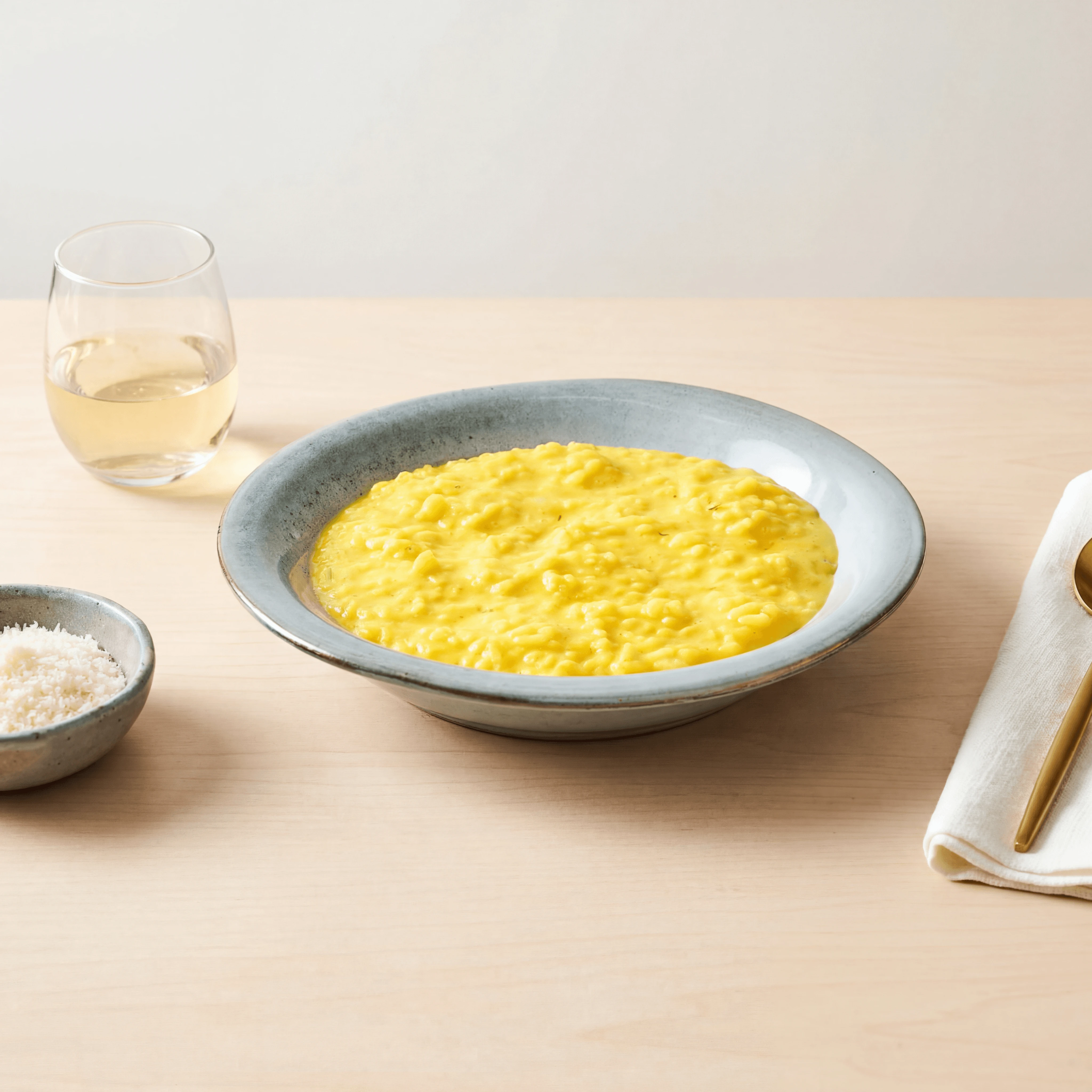 Risotto alla milanese saffron yellow parmesan wave plate — risotto hero photography