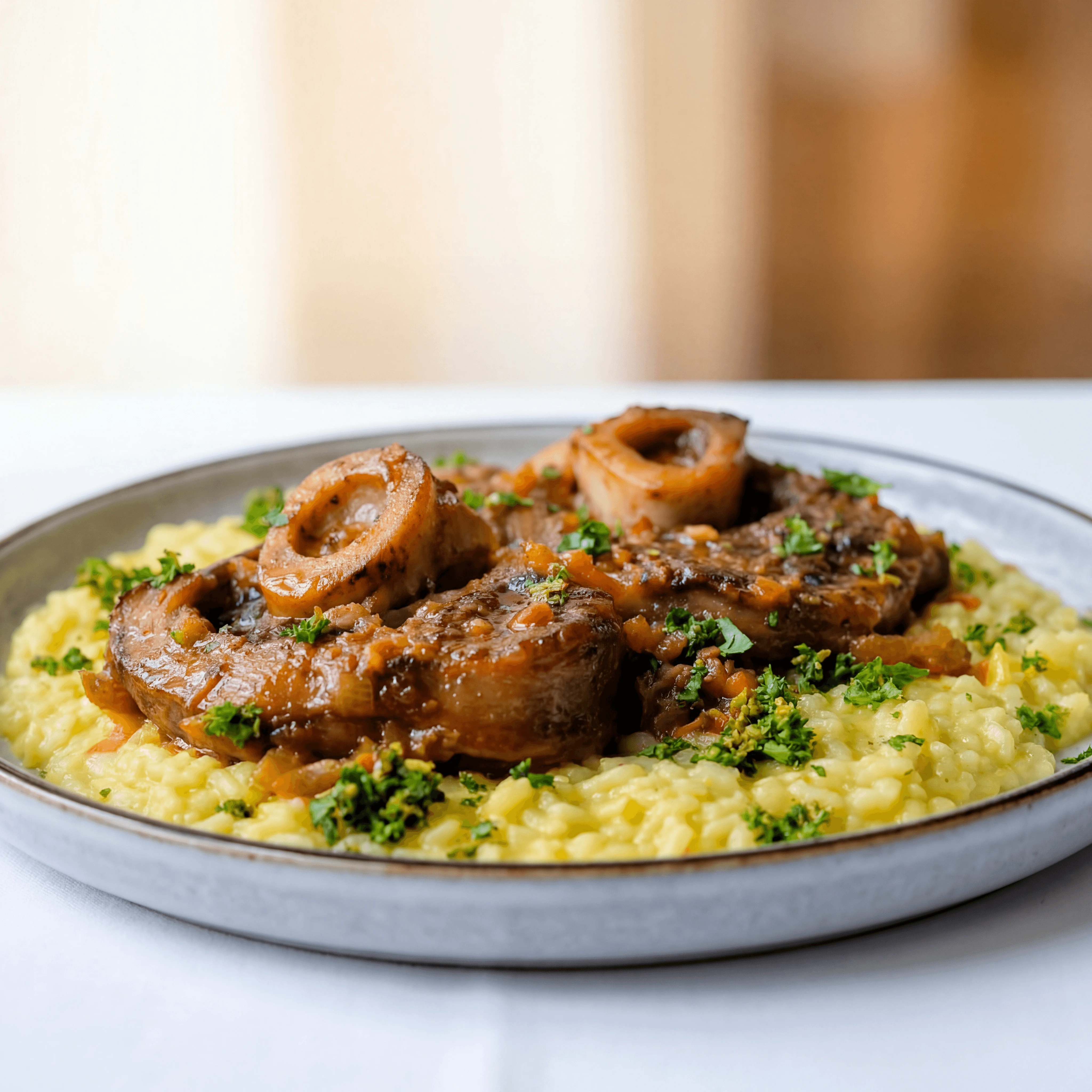 Osso buco veal shank gremolata saffron risotto marrow plate — osso buco hero photography