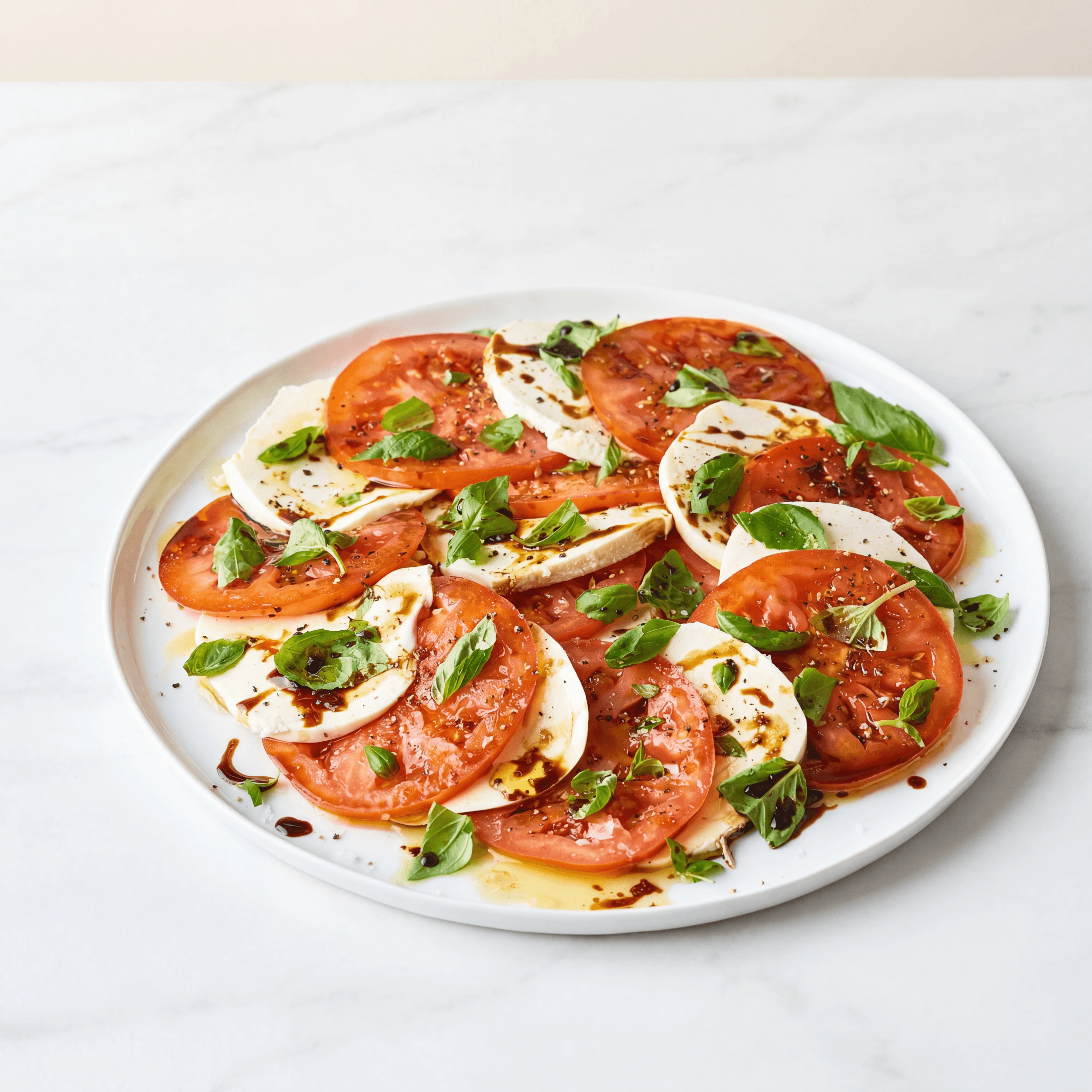 Caprese salad buffalo mozzarella tomato basil olive oil marble — caprese hero photography