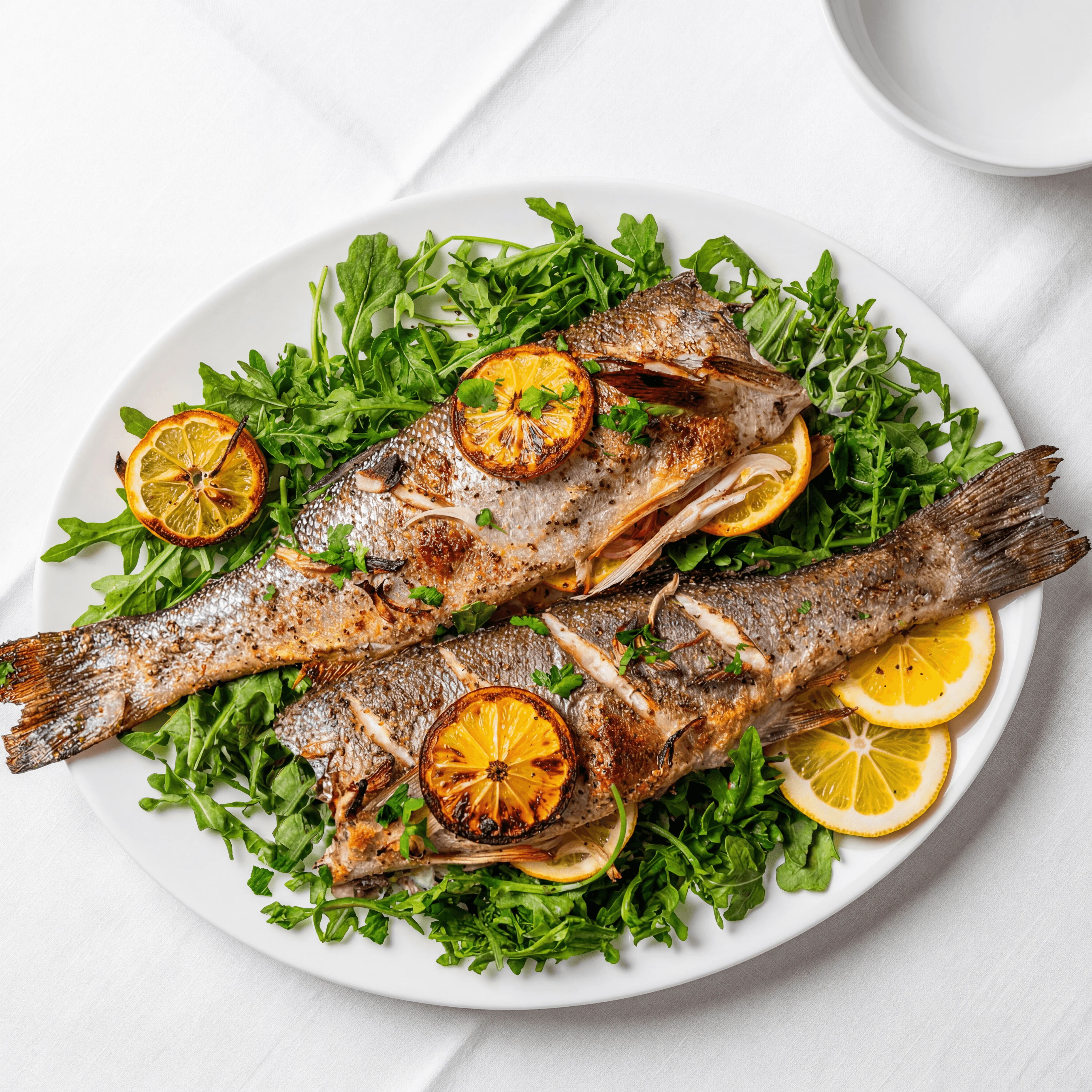 Branzino al sale whole sea bass lemon herbs fine dining — branzino hero photography