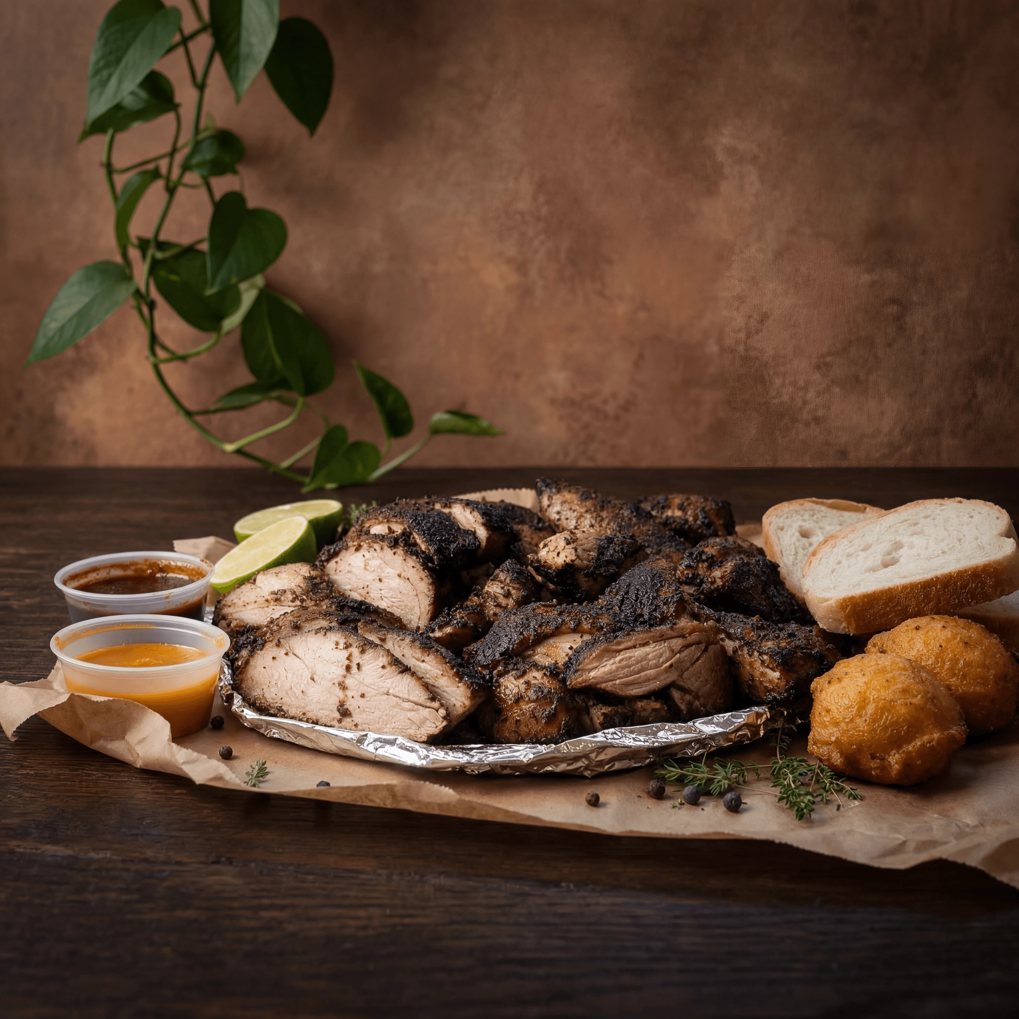 Jerk chicken pork mahogany char pimento smoke dramatic rustic foil — jerk card photography