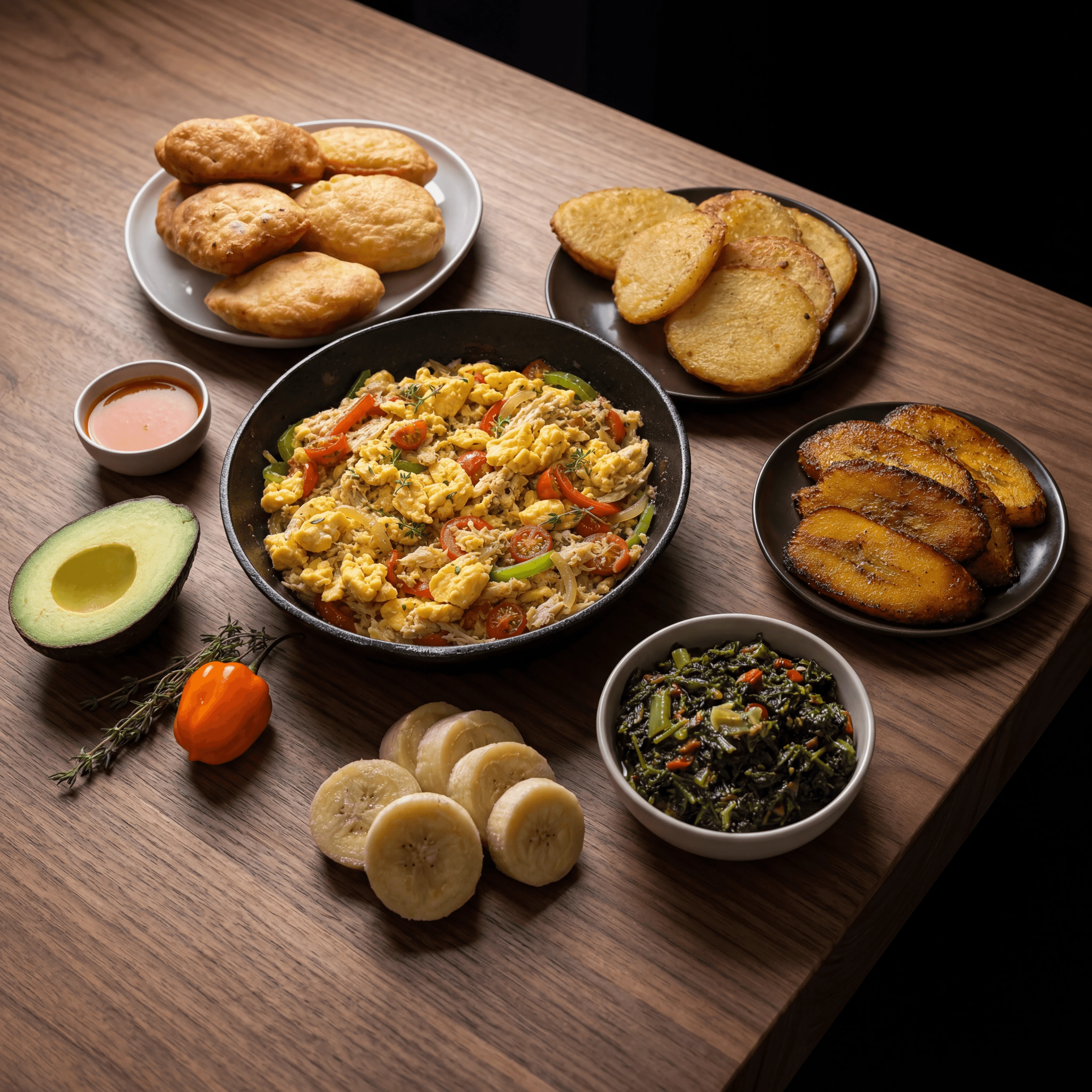 Ackee saltfish breakfast spread johnny cakes breadfruit dark walnut — ackee card photography
