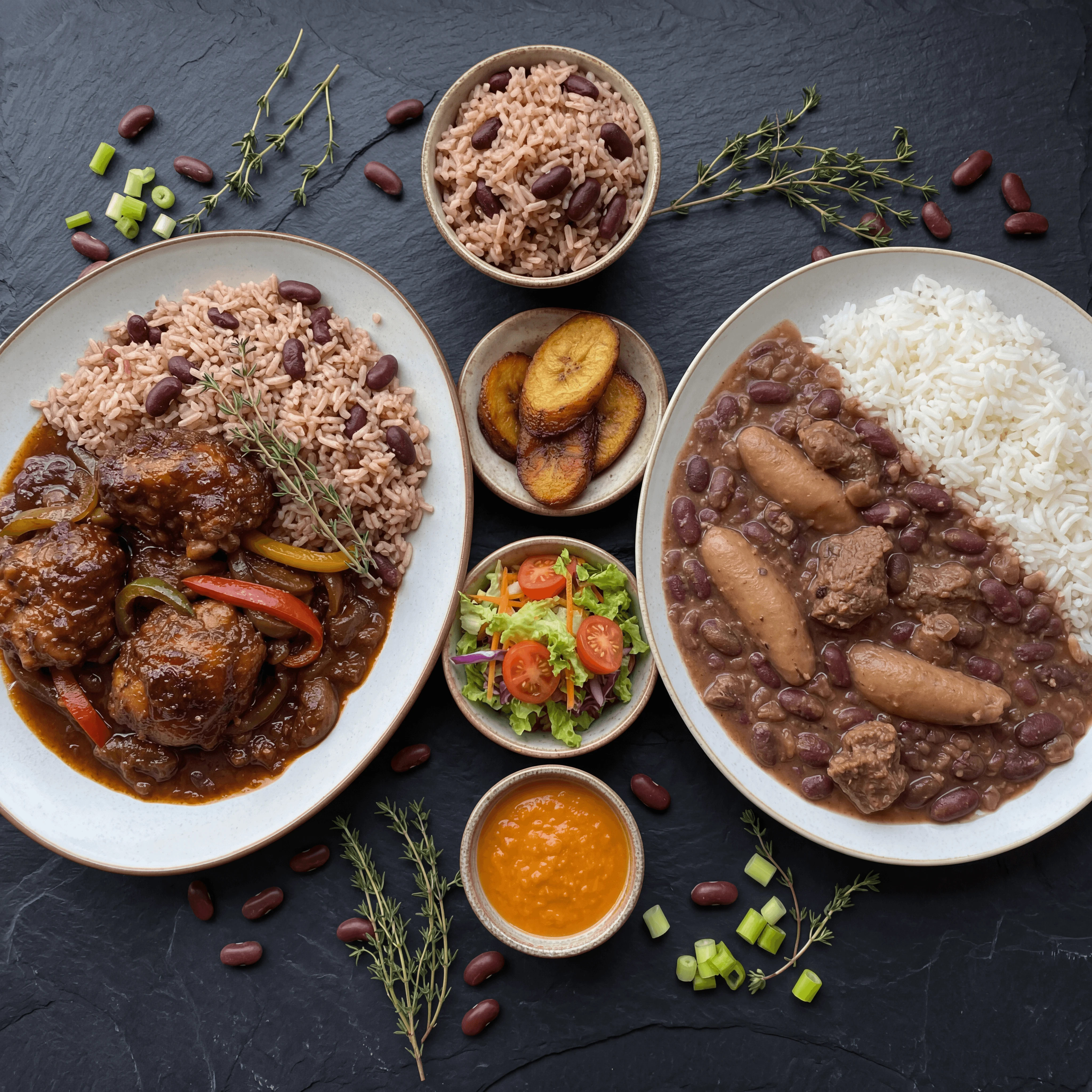 Rice and peas brown stew chicken plantain plates overhead dark slate — rice peas card photography