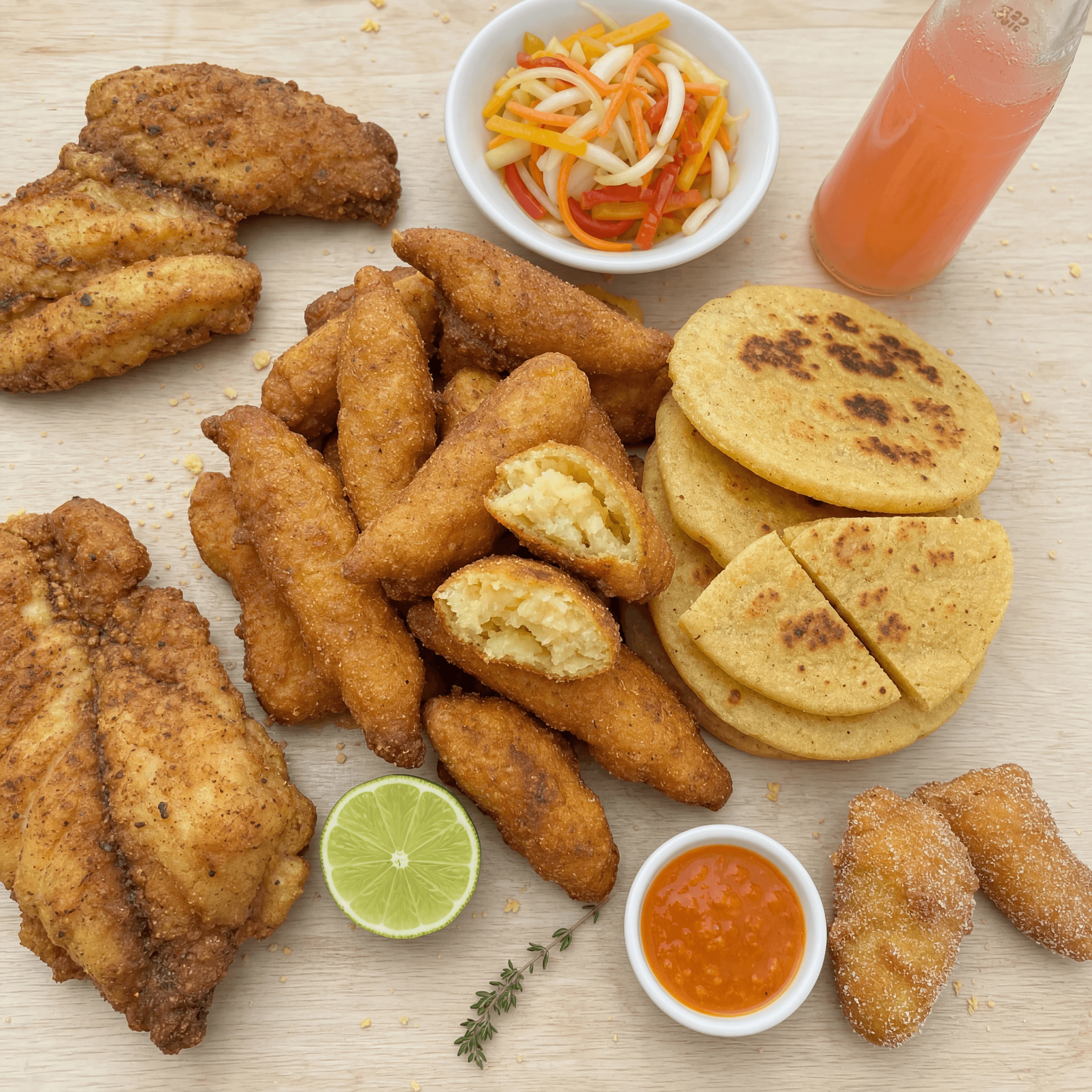 Festival fritters bammy cassava fried fish beach shack light wood — festival bammy card photography