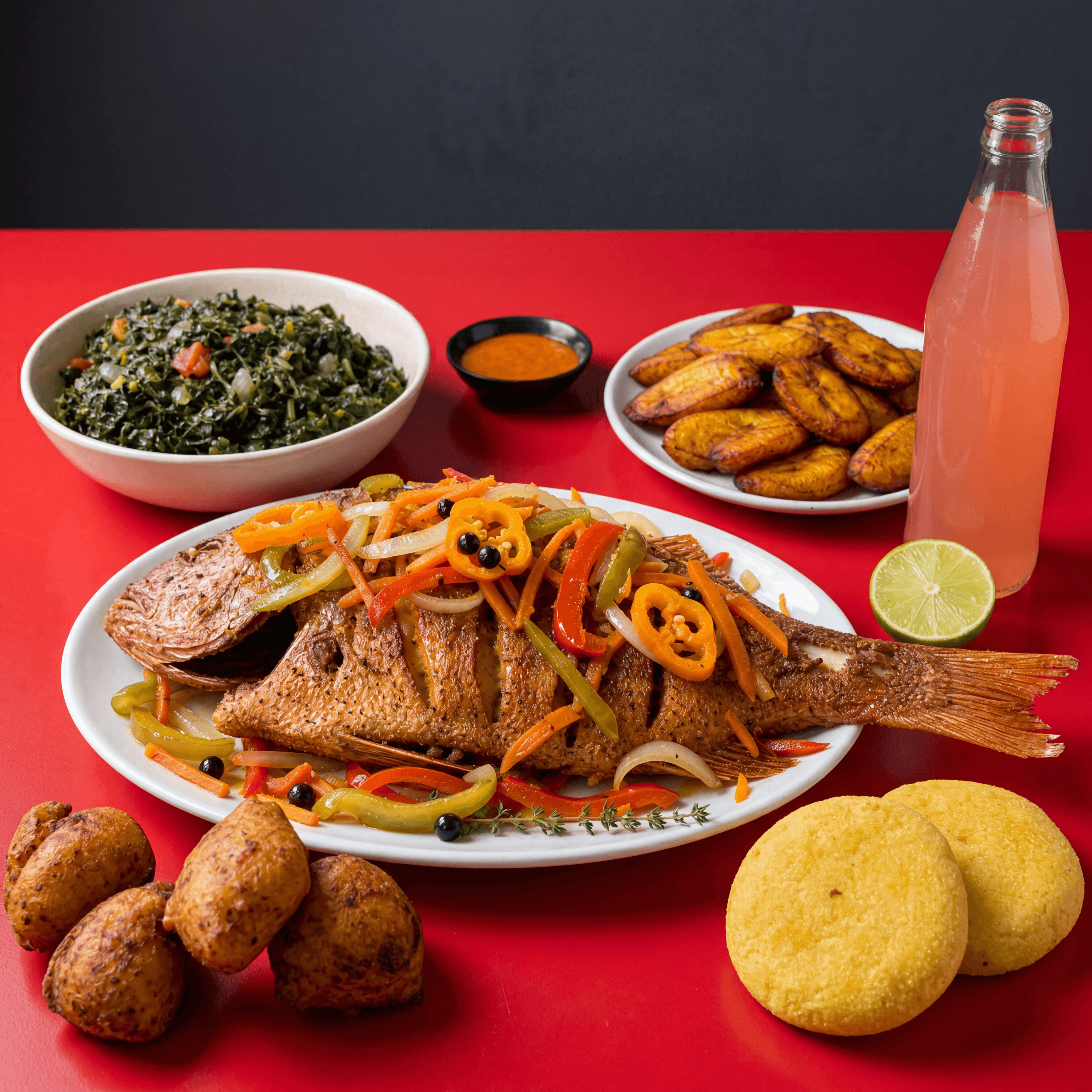 Escovitch fish pickled vegetables callaloo plantain sides red cafe — escovitch sides card photography