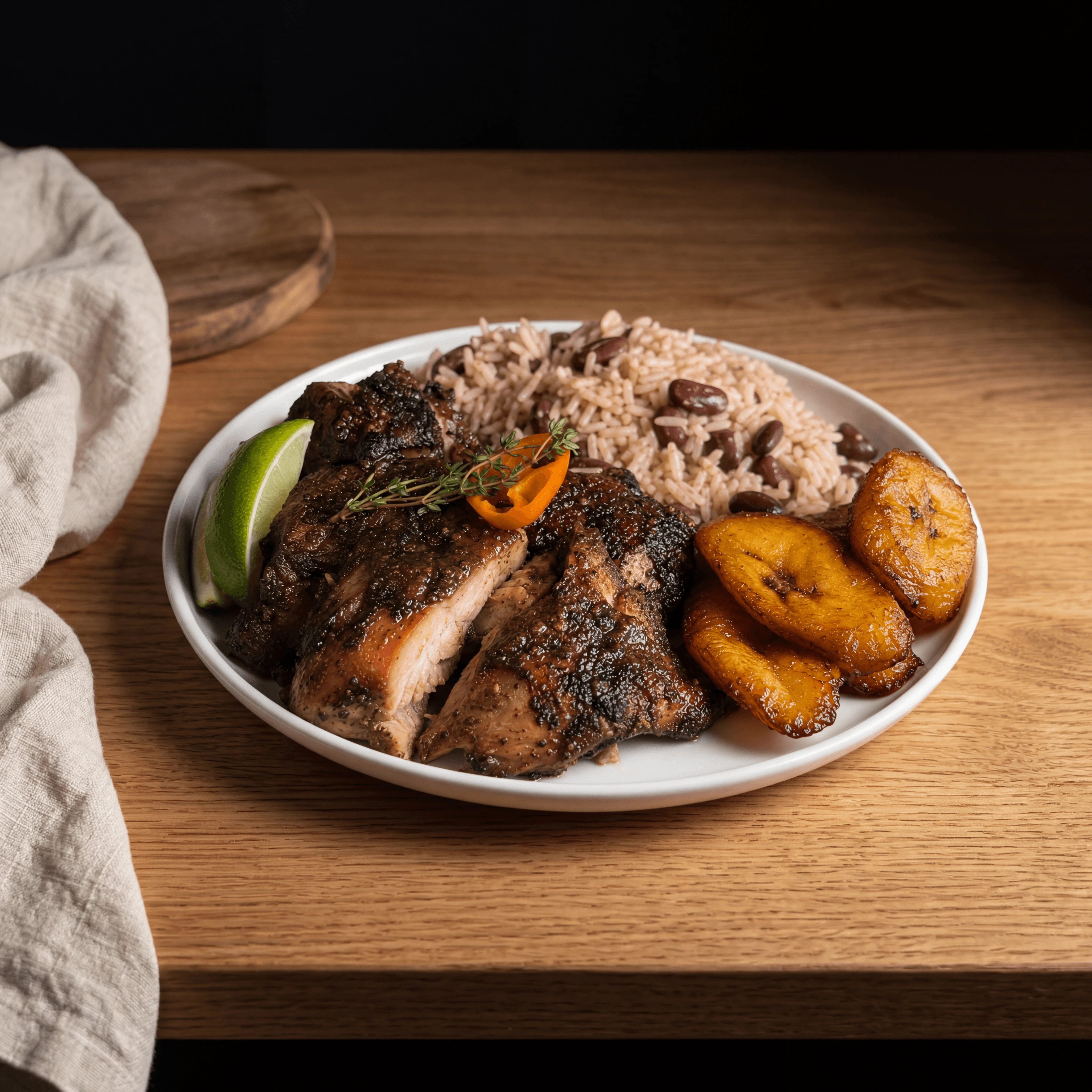Jerk chicken mahogany char rice peas plantain macro plate — iconic jerk FAQ sidebar photography