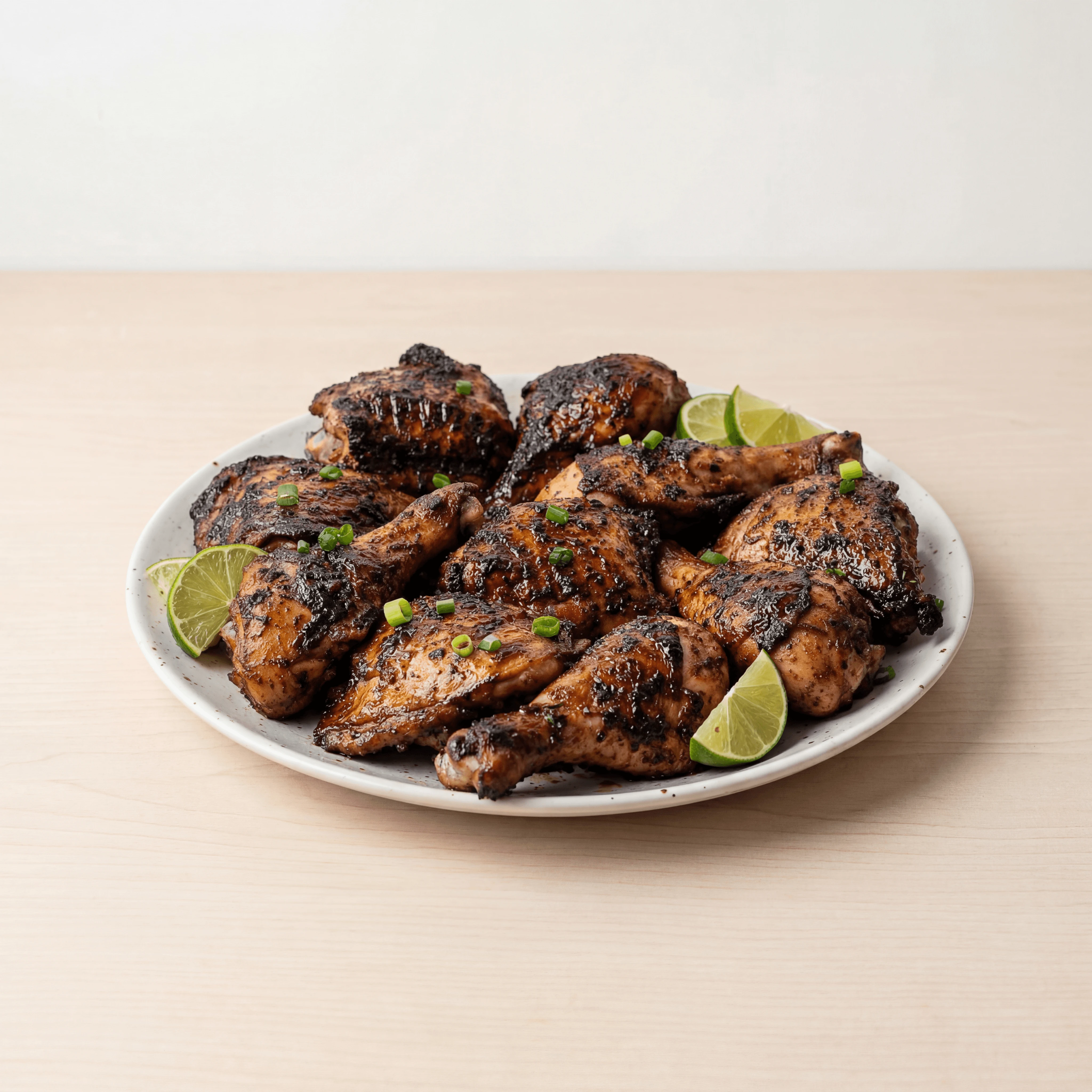 Jerk chicken mahogany char pimento smoked allspice rub plate — jerk chicken hero photography