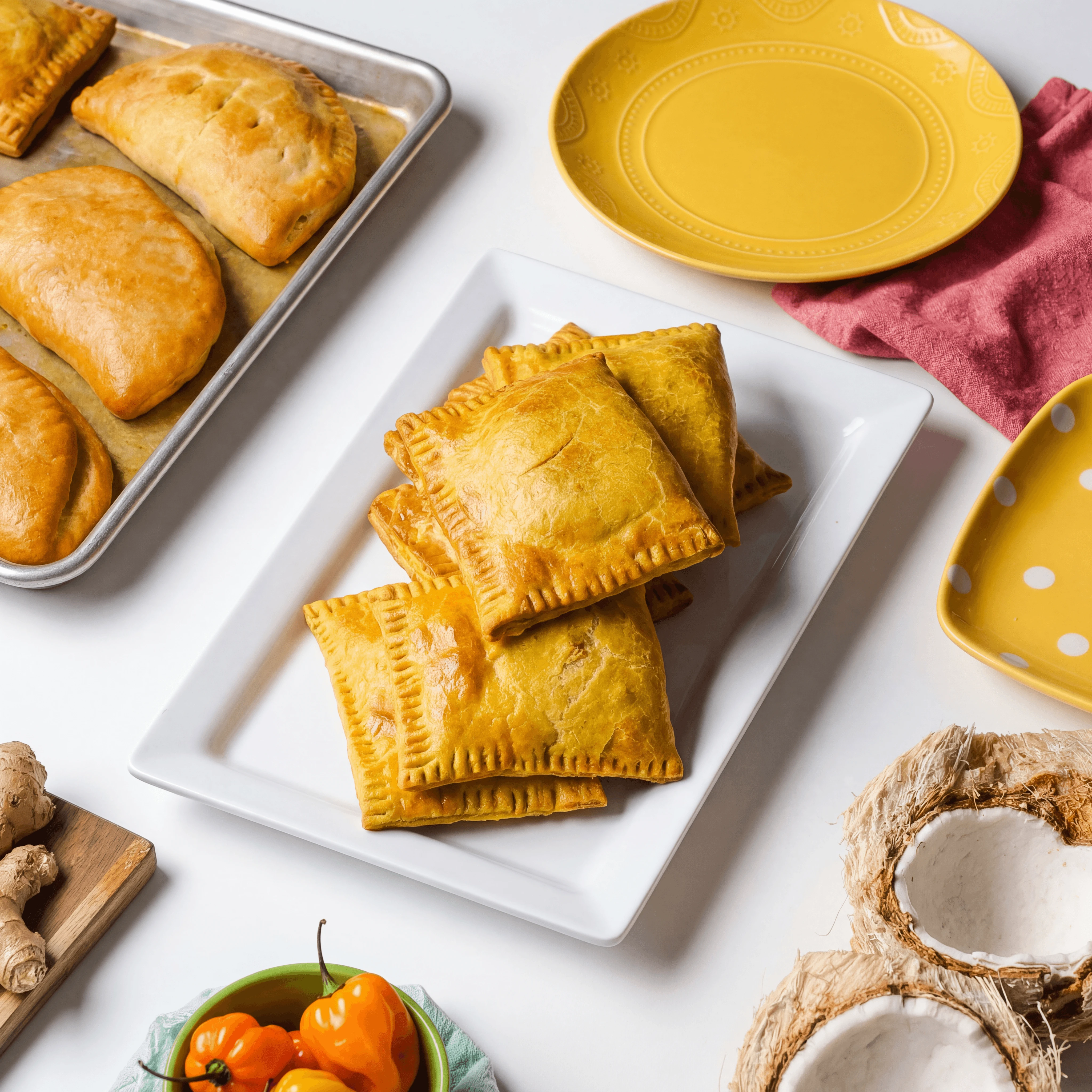 Jamaican beef patties yellow turmeric crust coco bread flaky — beef patty hero photography