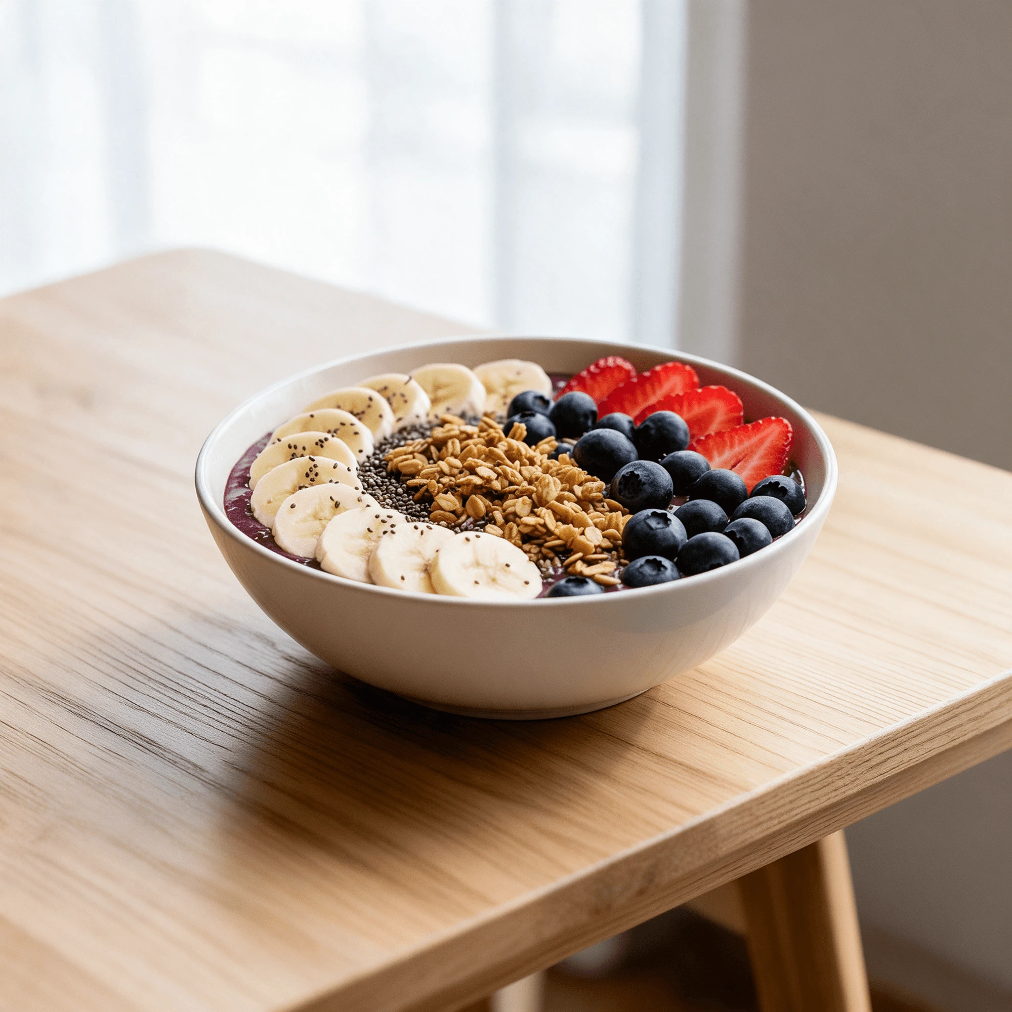 Single deep purple acai bowl topped with fanned banana, granola and fresh berries on pale oak